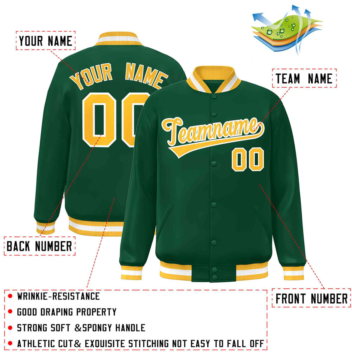 Custom Green Gold-White Classic Style Varsity Full-Snap Letterman Jacket