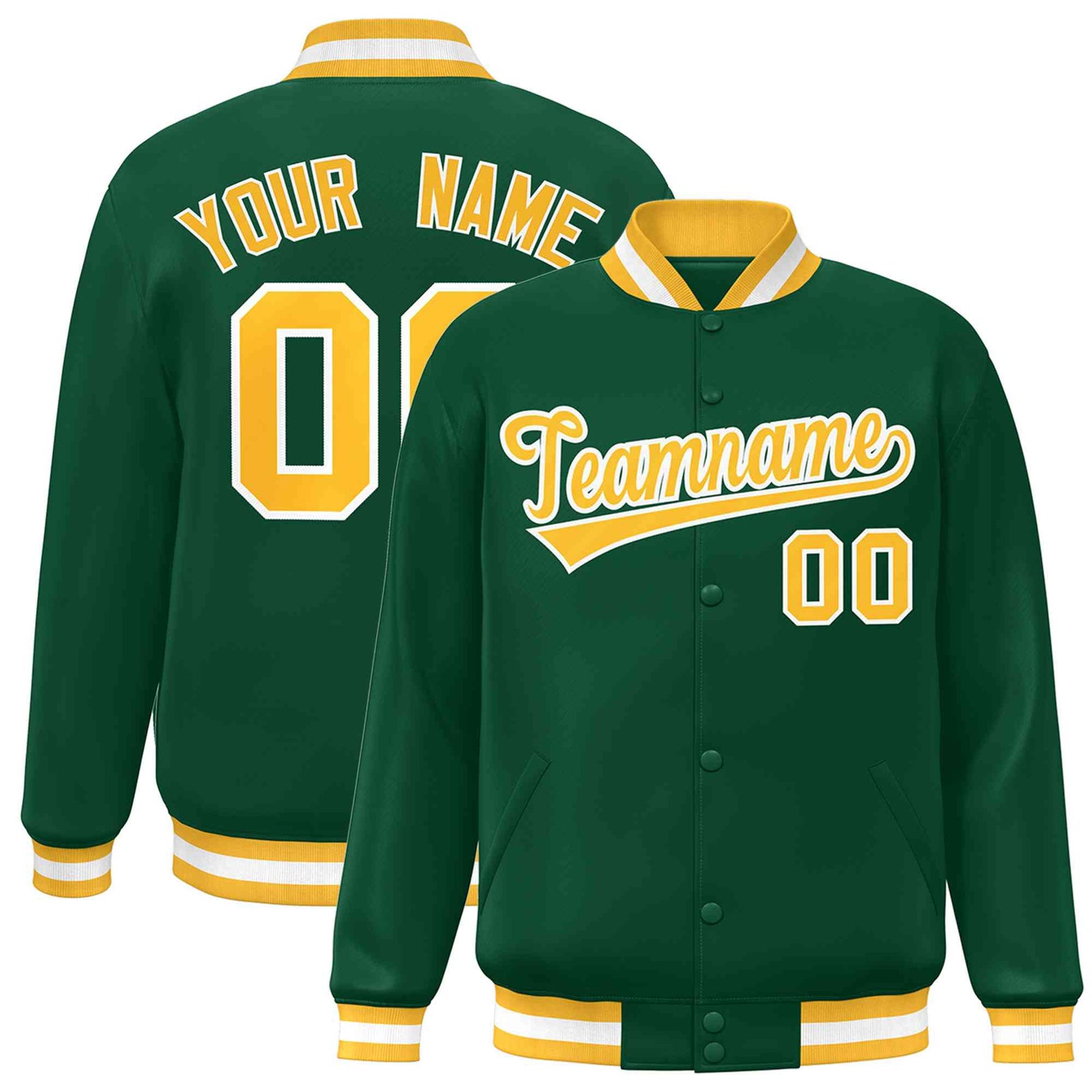 Custom Green Gold-White Classic Style Varsity Full-Snap Letterman Jacket
