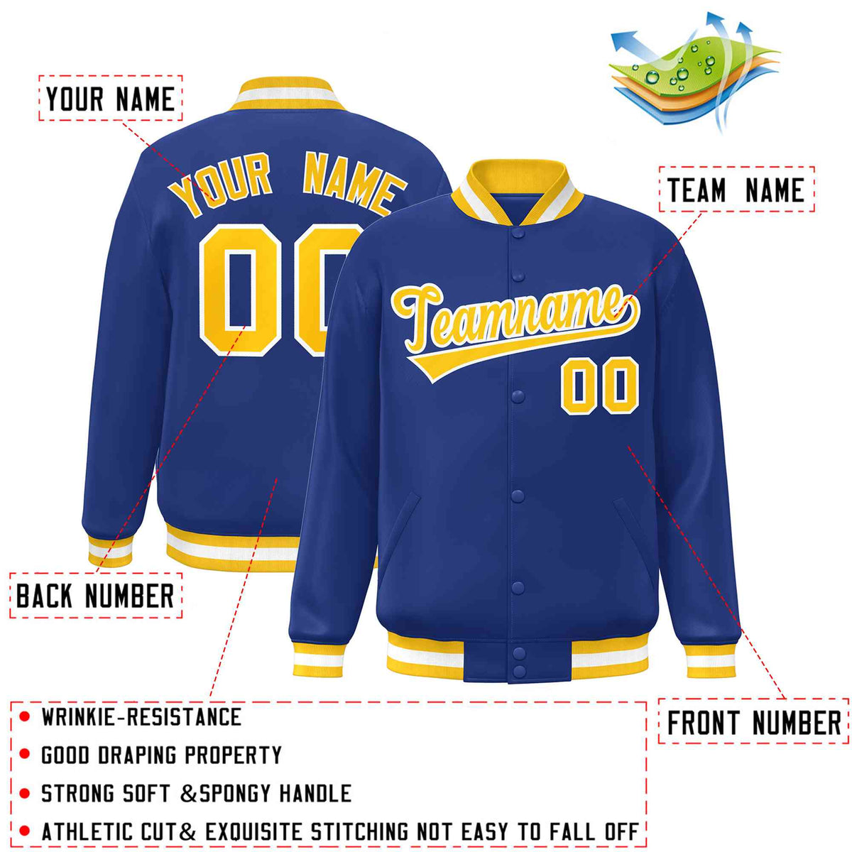 Custom Royal Gold-White Classic Style Varsity Full-Snap Letterman Jacket