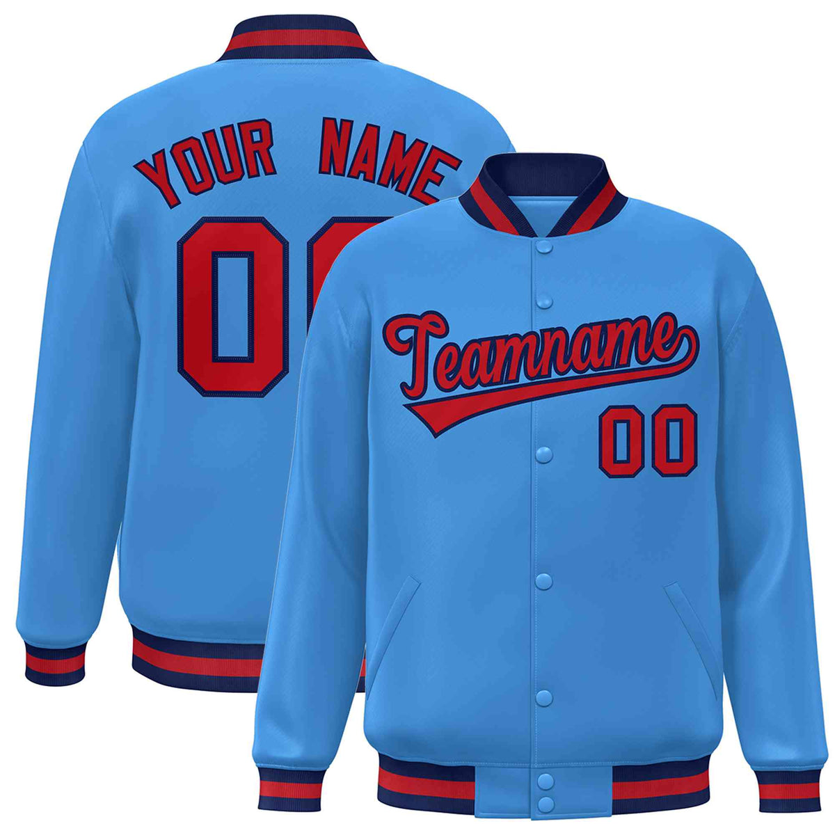 Custom Powder Blue Red-Navy Classic Style Varsity Full-Snap Letterman Jacket