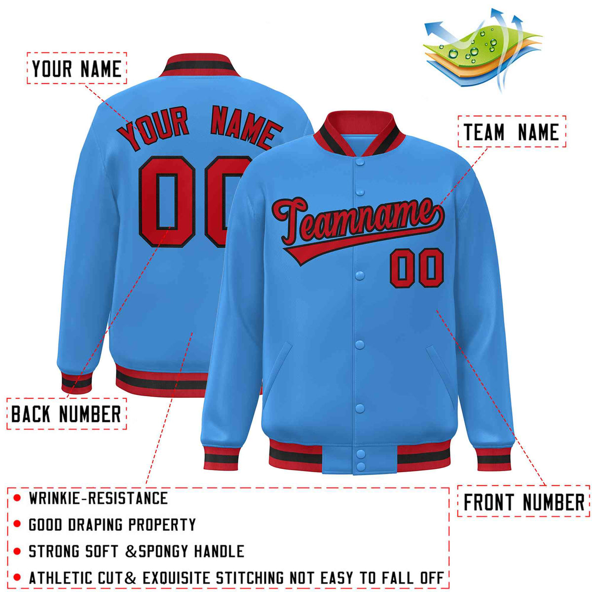 Custom Powder Blue Red-Black Classic Style Varsity Full-Snap Letterman Jacket