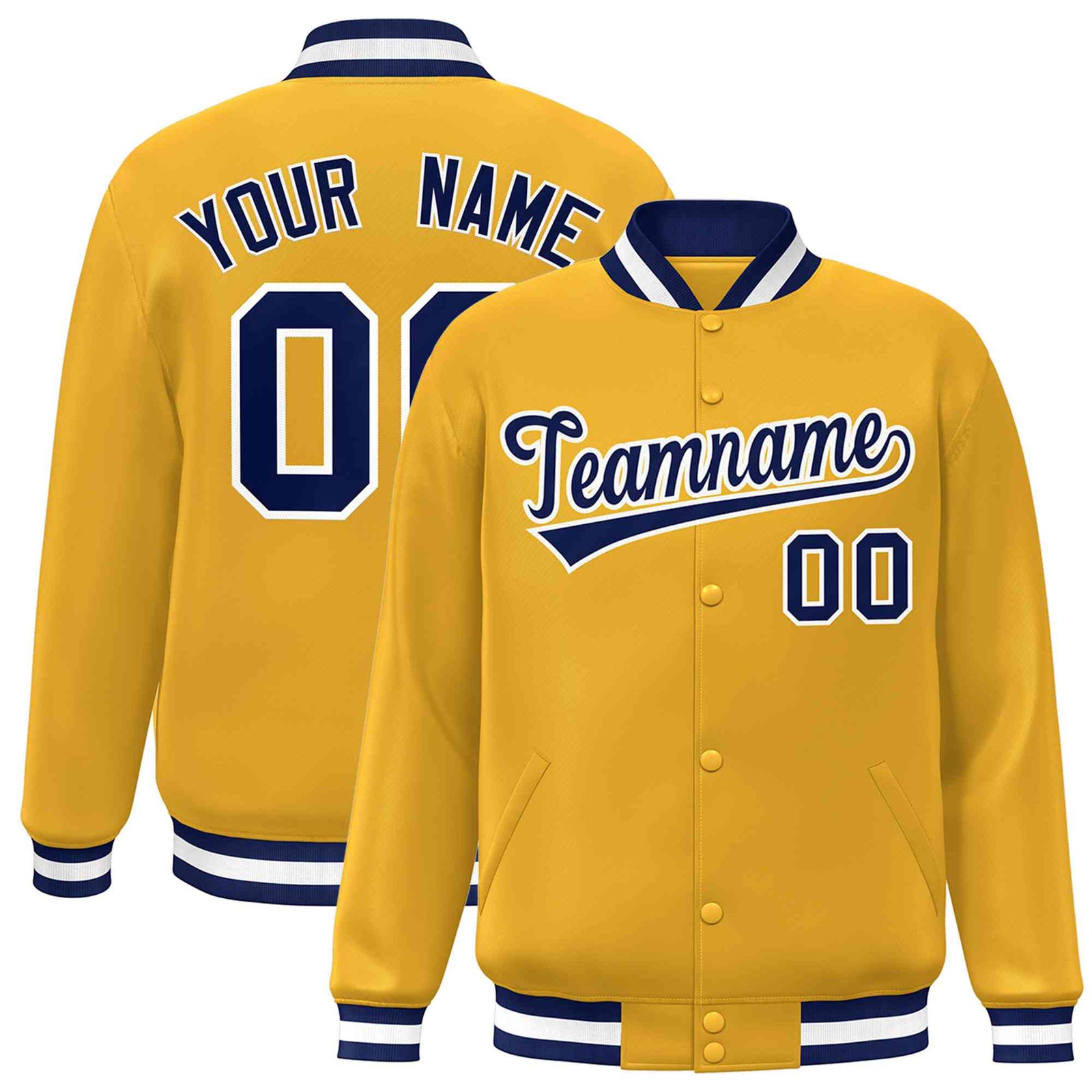 Custom Gold Navy-White Classic Style Varsity Full-Snap Letterman Jacket