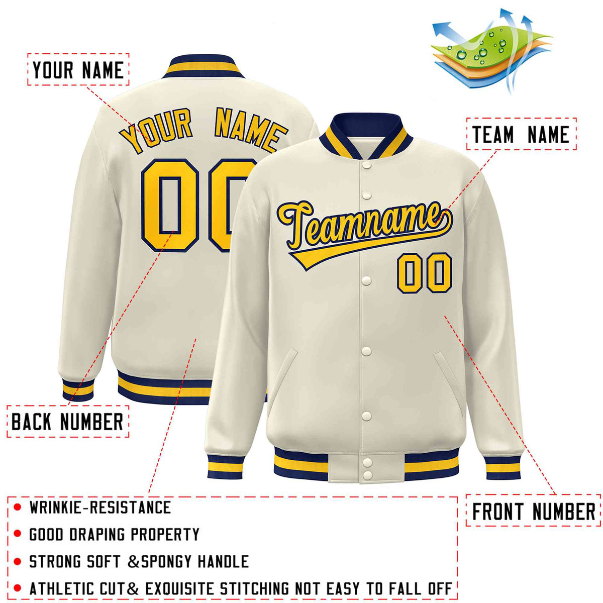 Custom Khaki Gold-Navy Classic Style Varsity Full-Snap Letterman Jacket