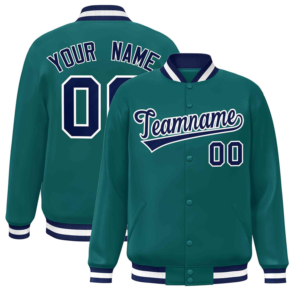 Custom Aqua Navy-White Classic Style Varsity Full-Snap Letterman Jacket