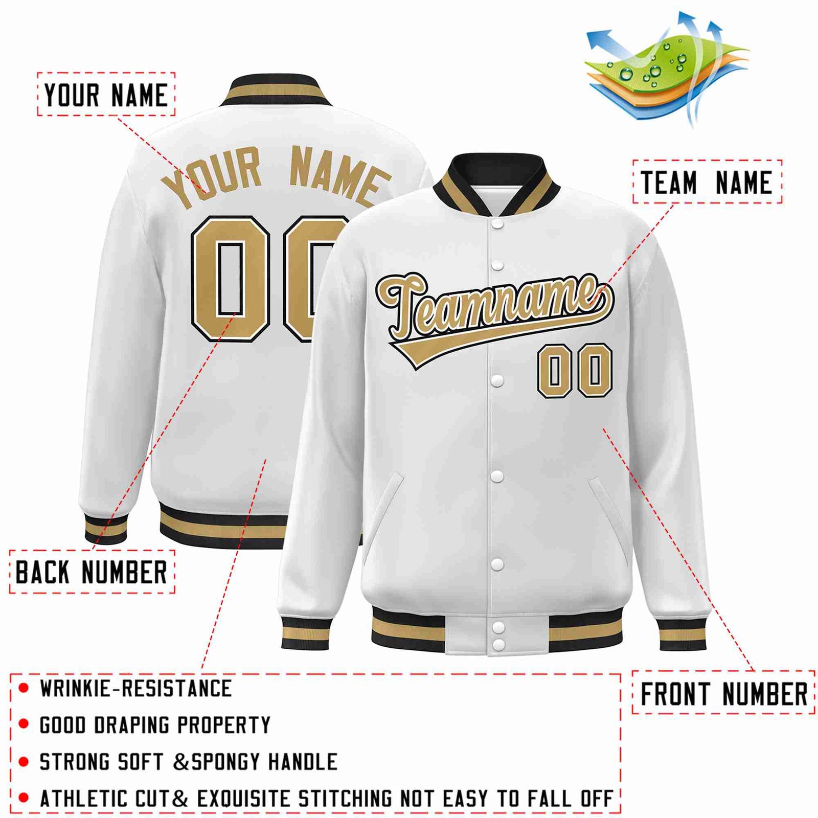 Custom White Old Gold-White Classic Style Varsity Full-Snap Letterman Jacket