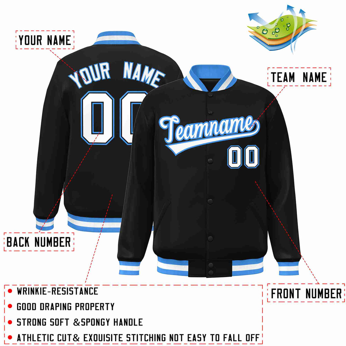 Custom Black White-Powder Blue Classic Style Varsity Full-Snap Letterman Jacket