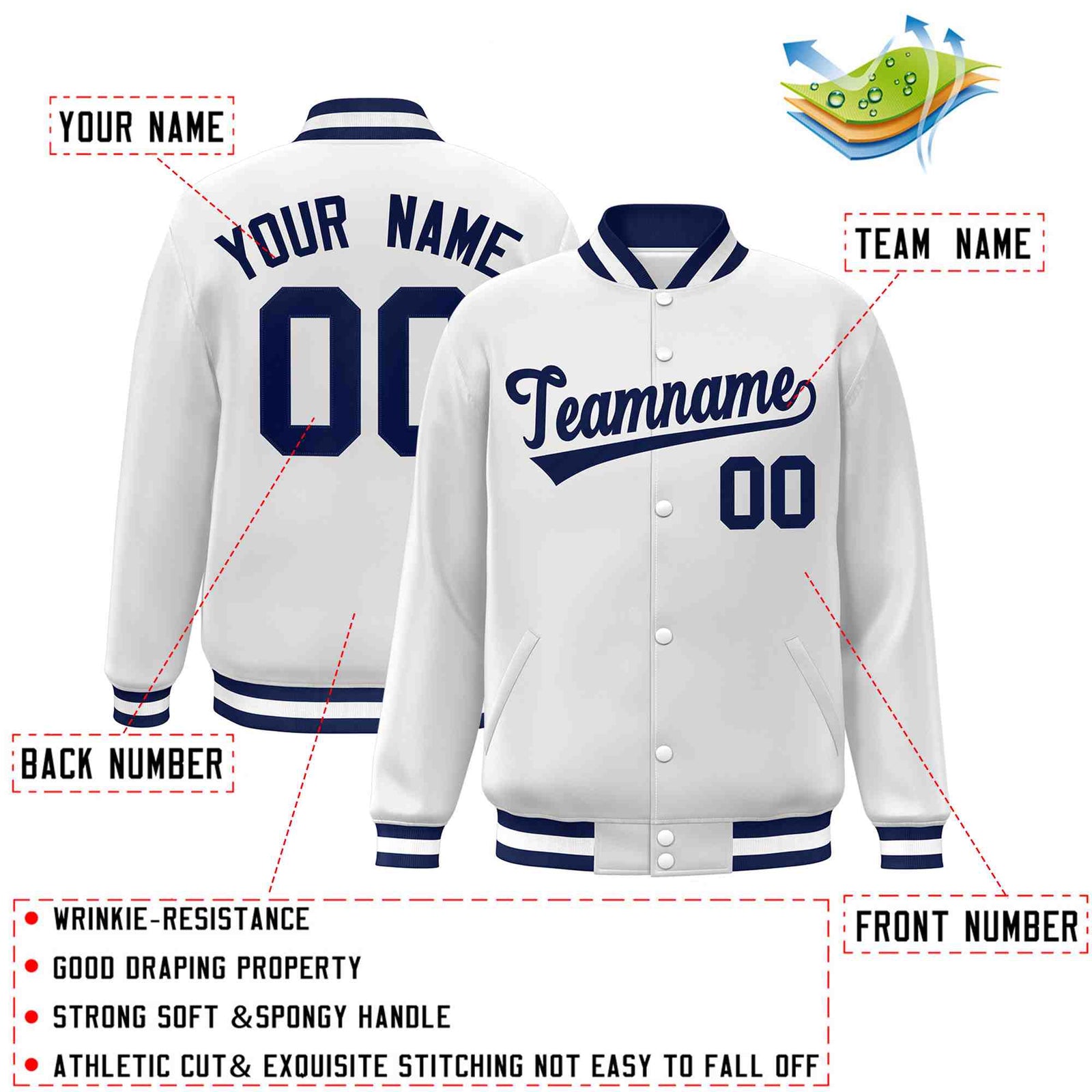 Custom White Navy Classic Style Varsity Full-Snap Letterman Jacket
