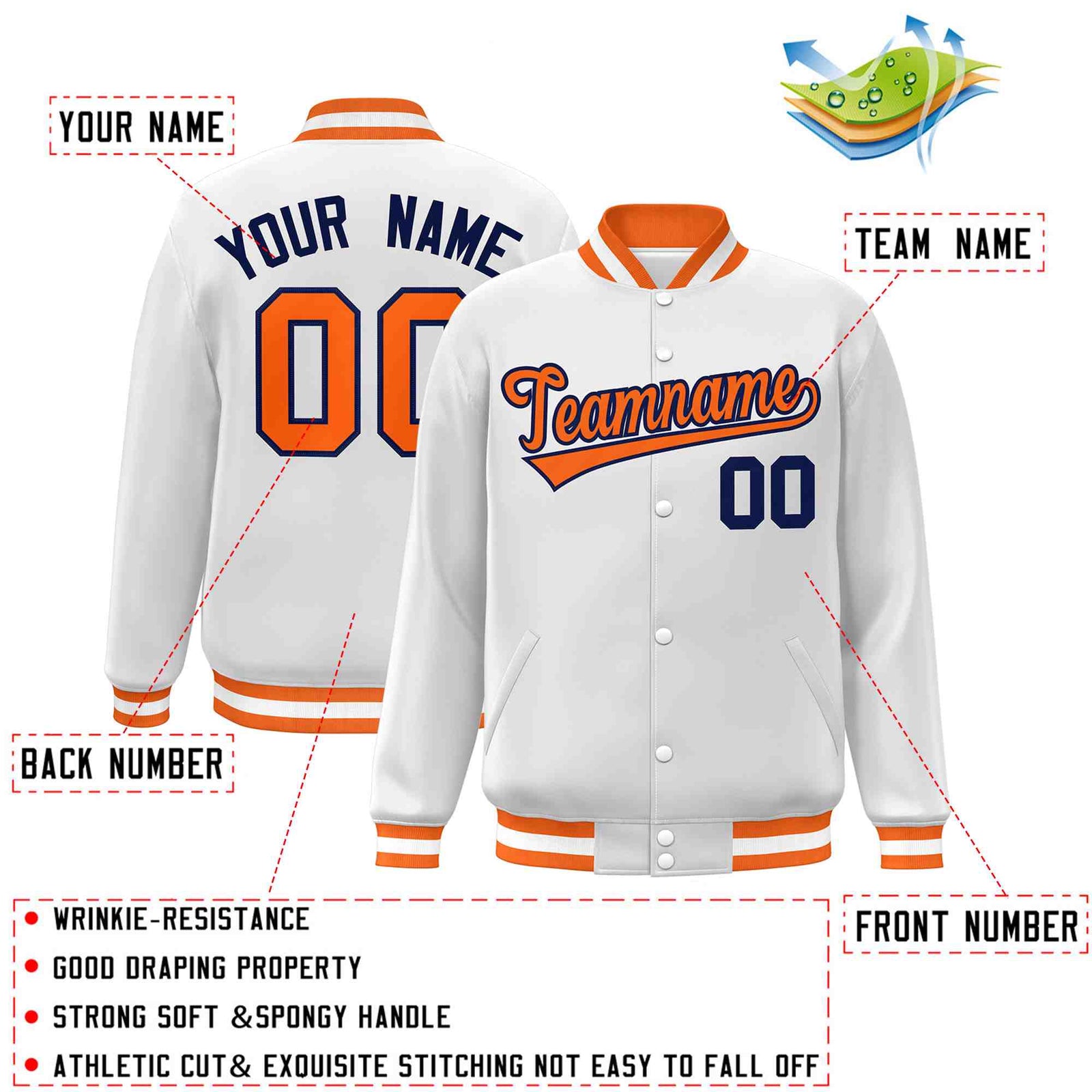 Custom White Orange-Navy Classic Style Varsity Full-Snap Letterman Jacket