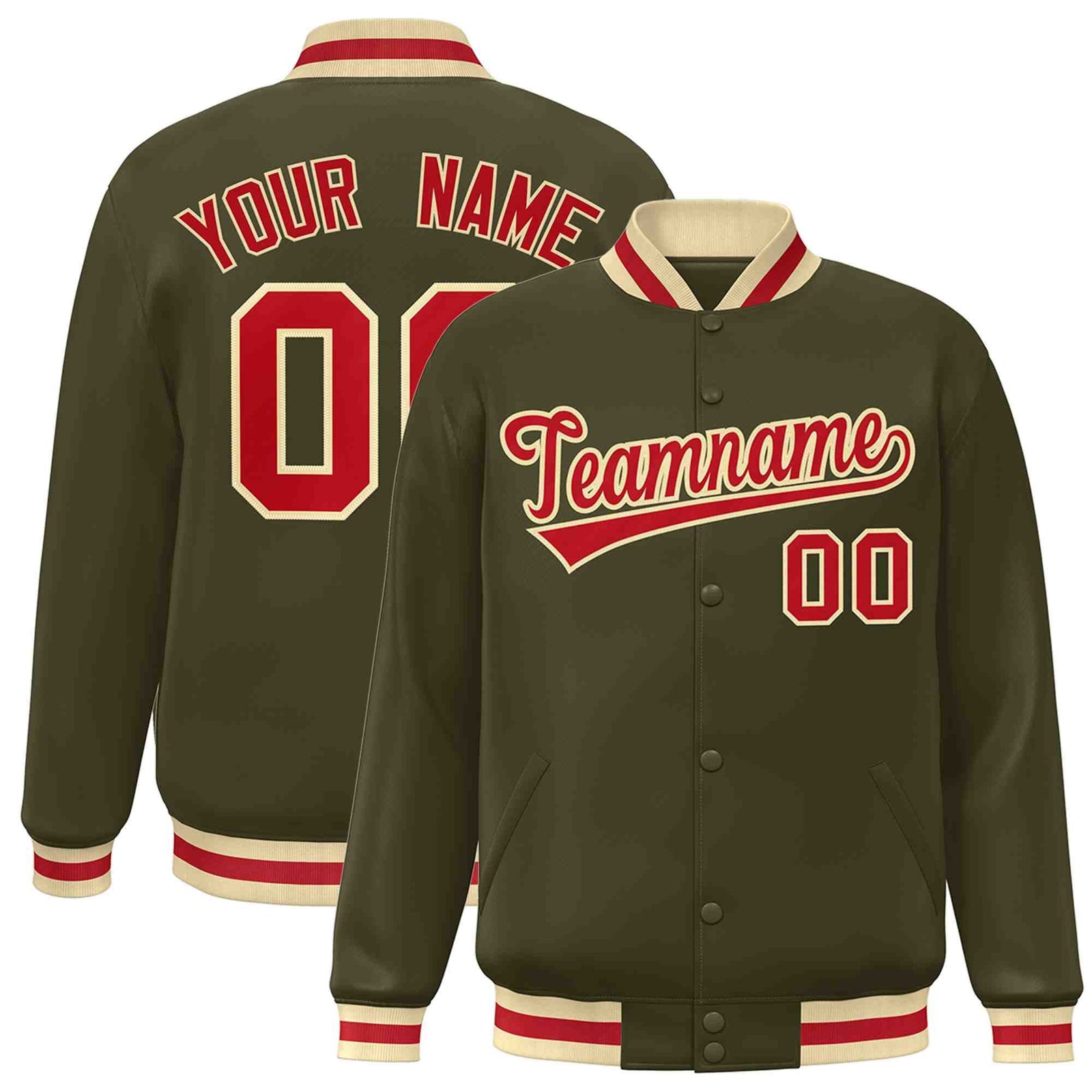 Custom Olive Red-Khaki Classic Style Varsity Full-Snap Letterman Jacket