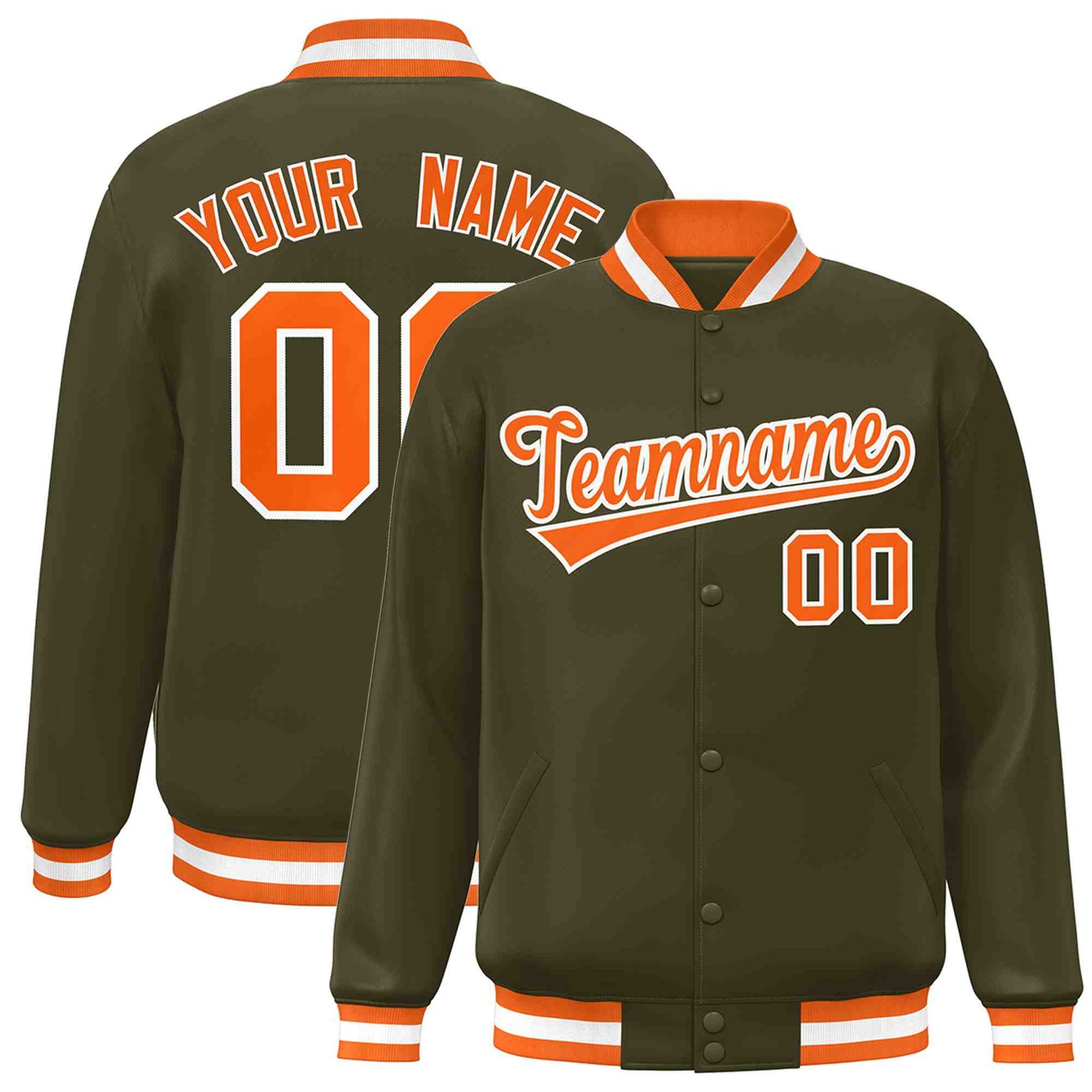 Custom Olive Orange-White Classic Style Varsity Full-Snap Letterman Jacket