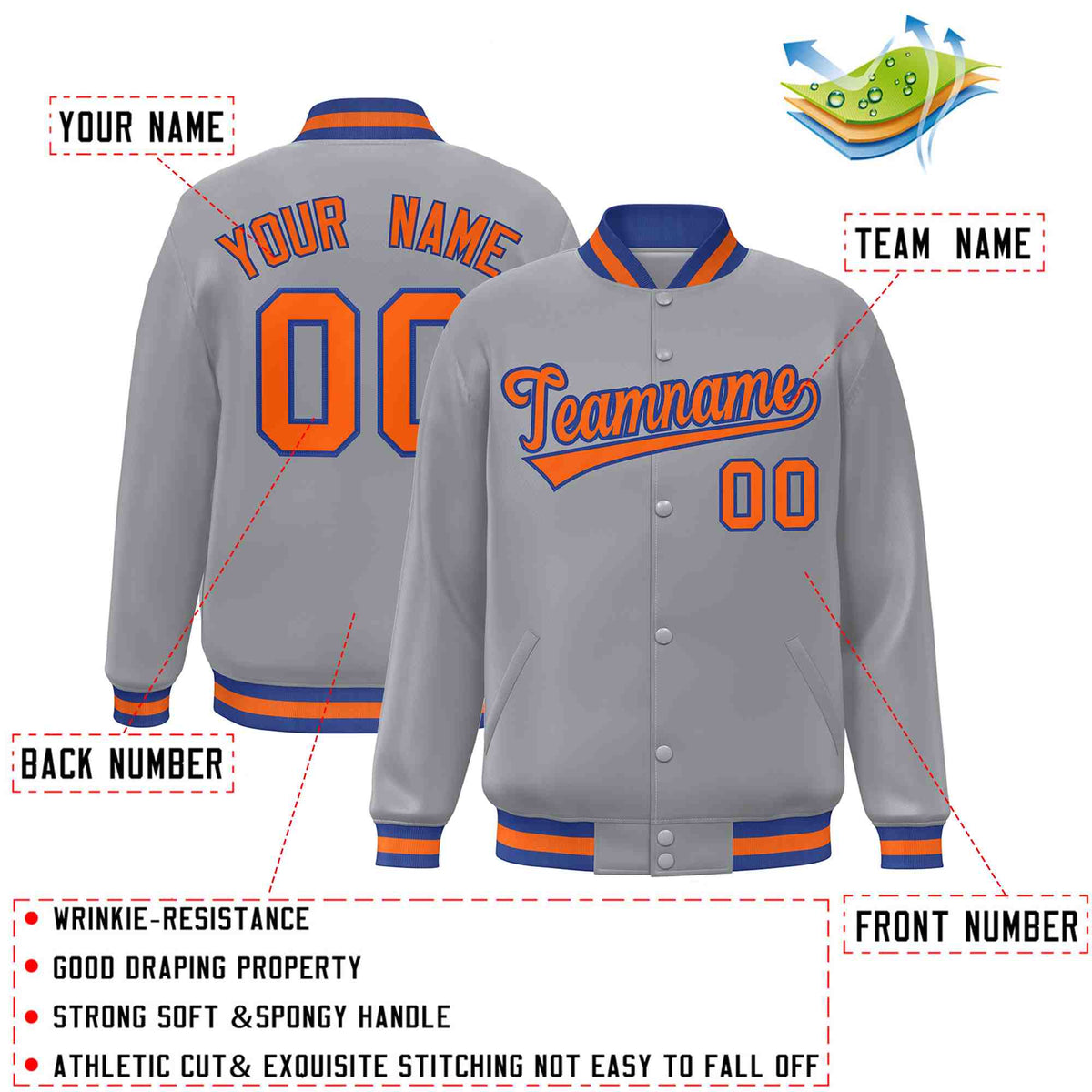 Custom Gray Orange-Royal Classic Style Varsity Full-Snap Letterman Jacket