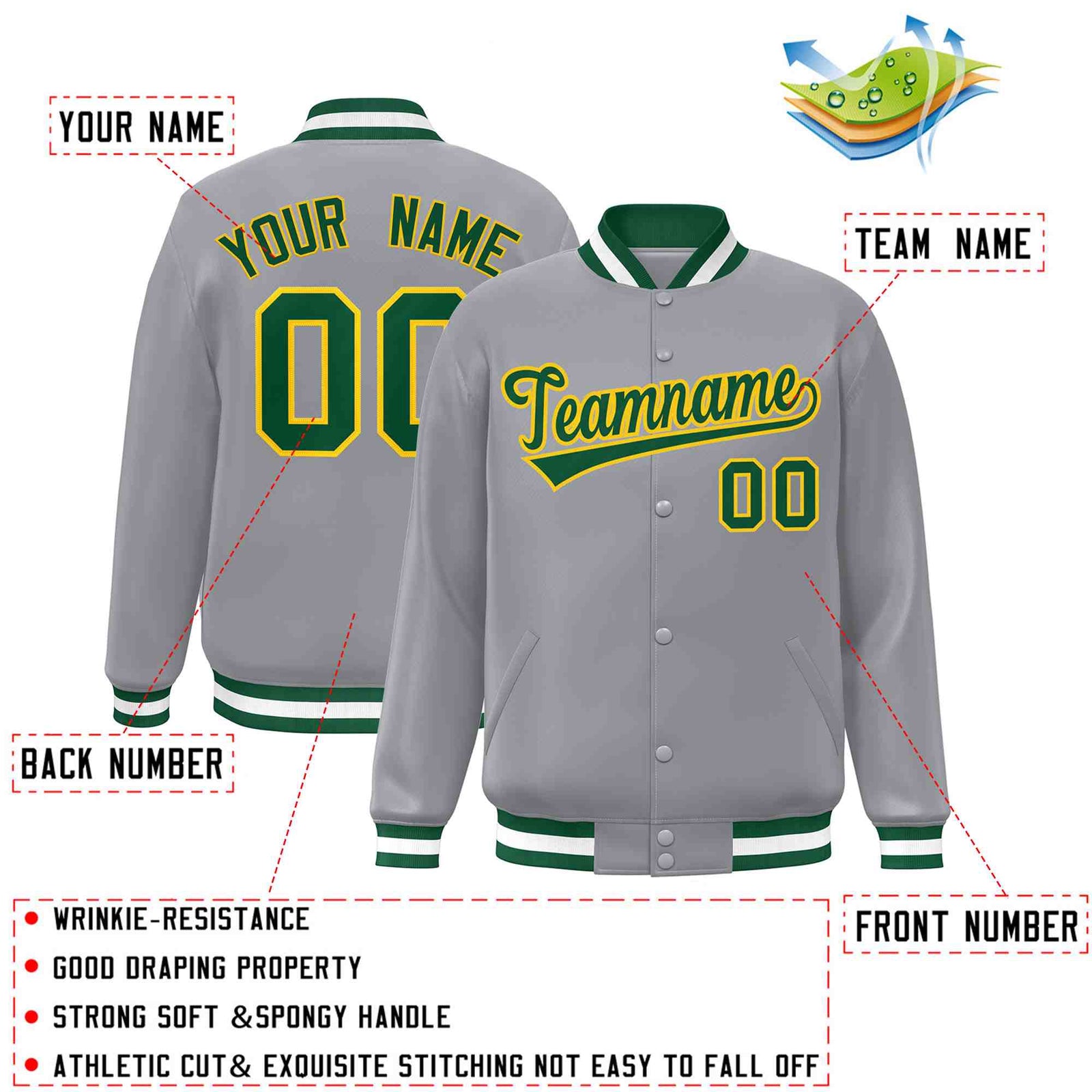 Custom Gray Green-Gold Classic Style Varsity Full-Snap Letterman Jacket