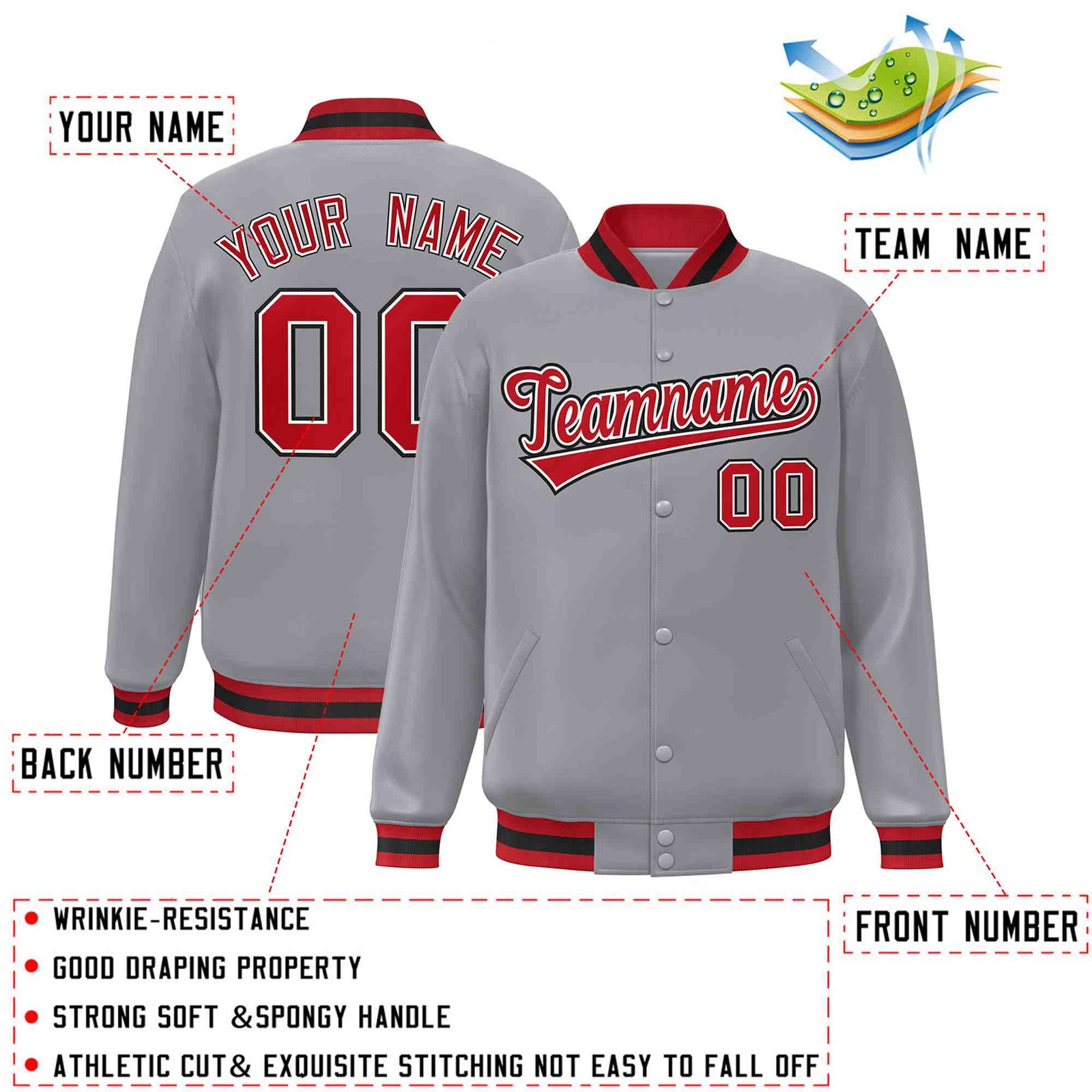 Custom Gray Red-White Classic Style Varsity Full-Snap Letterman Jacket