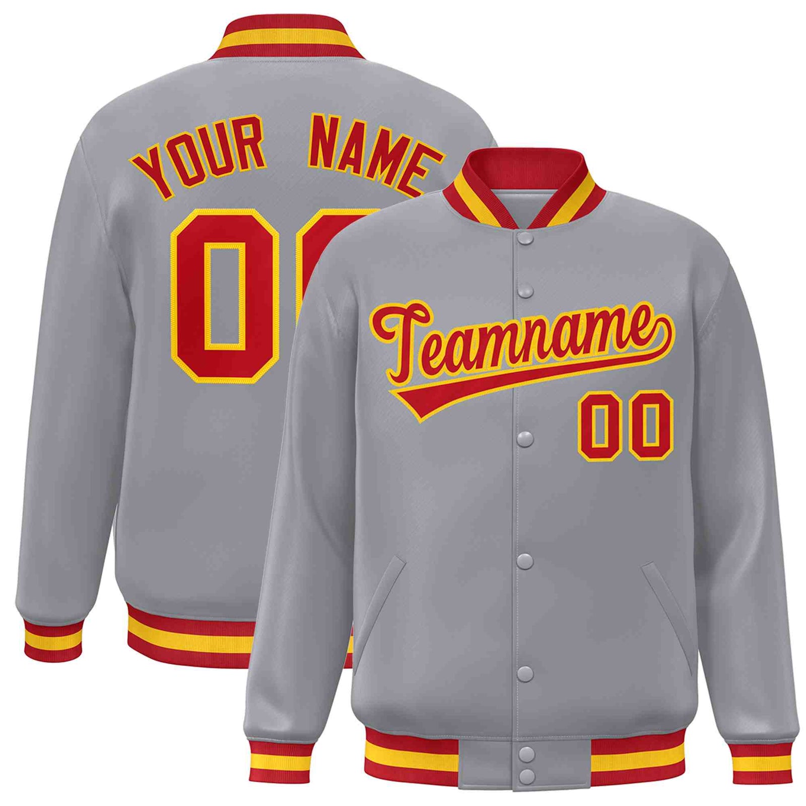 Custom Gray Red-Gold Classic Style Varsity Full-Snap Letterman Jacket