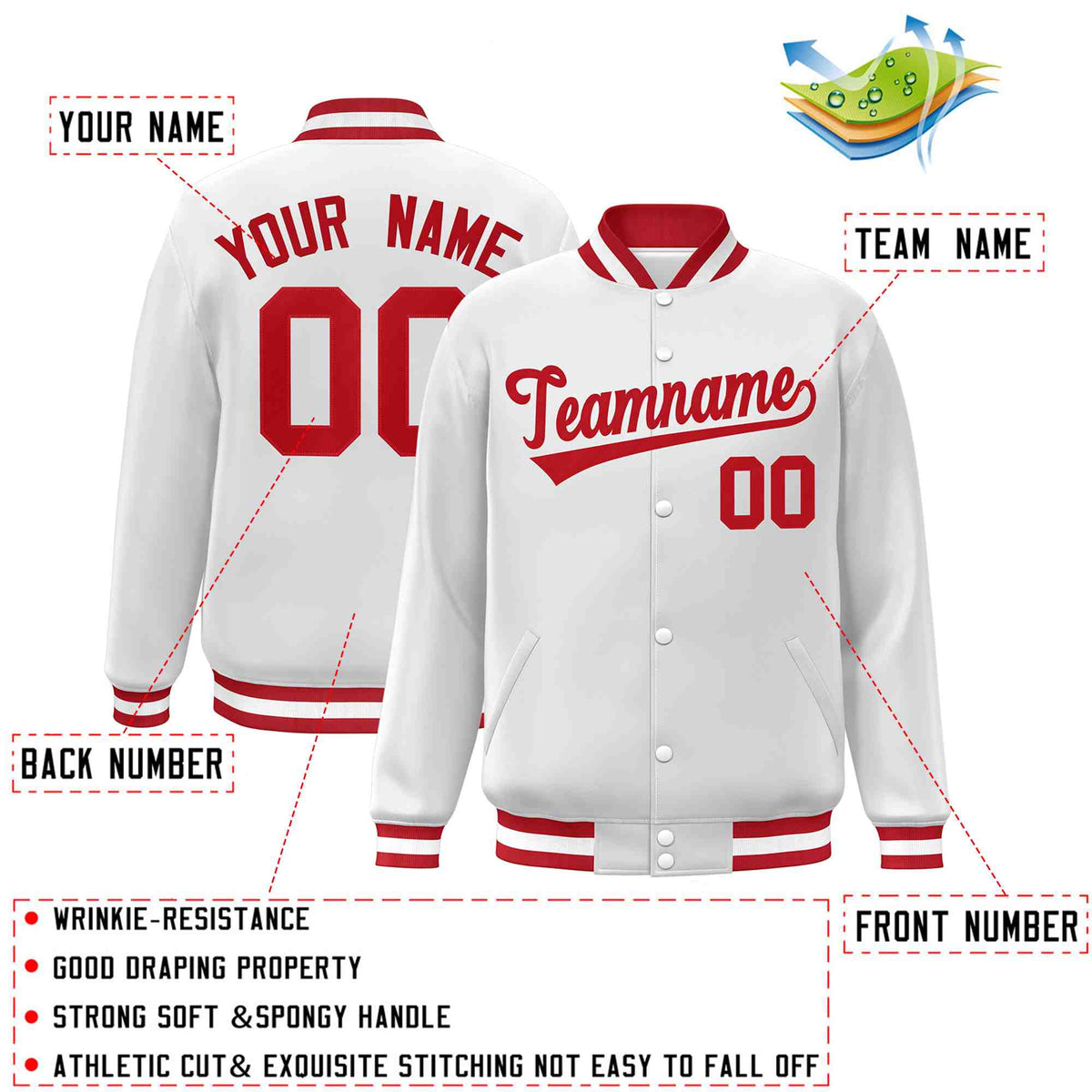 Custom White Red Classic Style Varsity Full-Snap Letterman Jacket