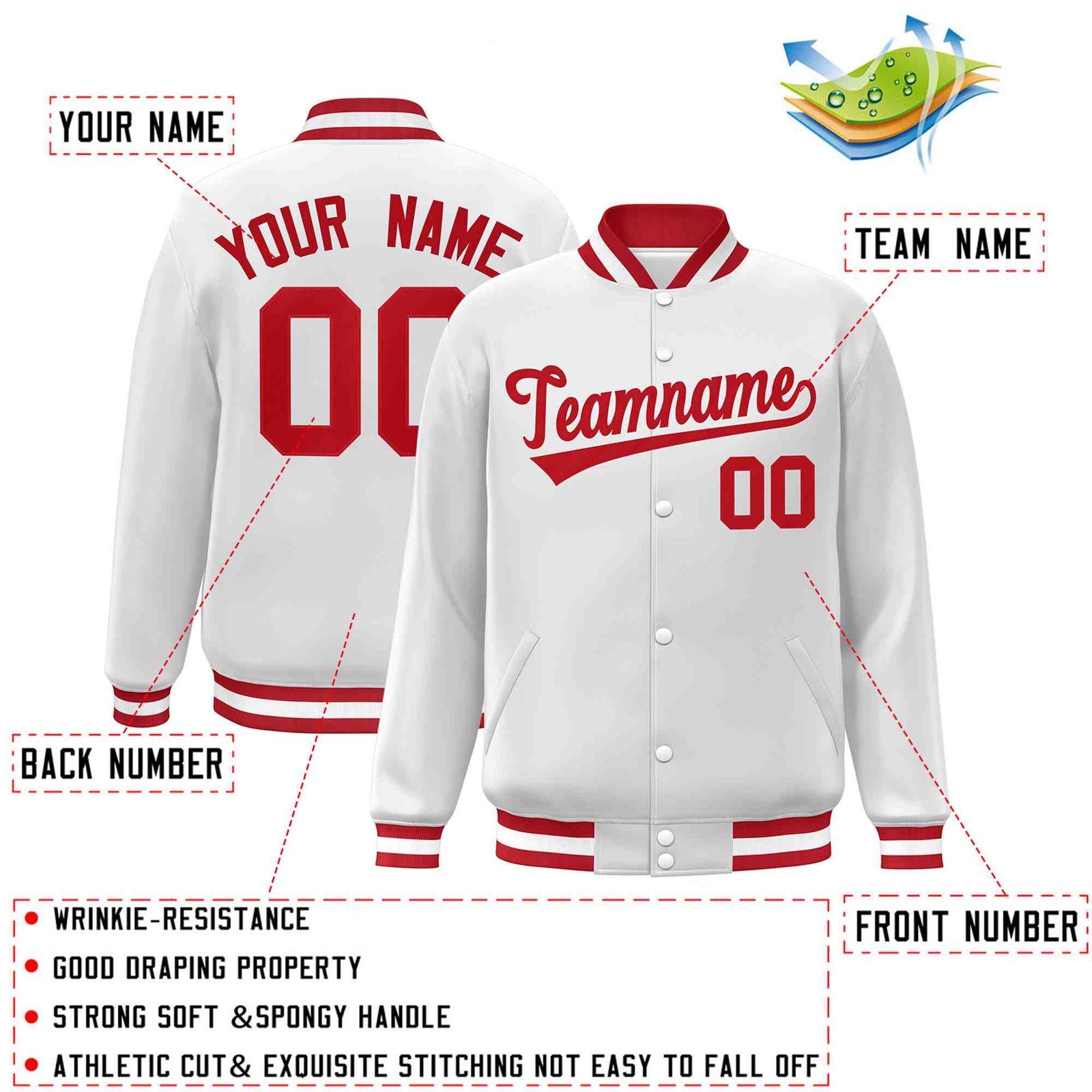 Custom White Red Classic Style Varsity Full-Snap Letterman Jacket