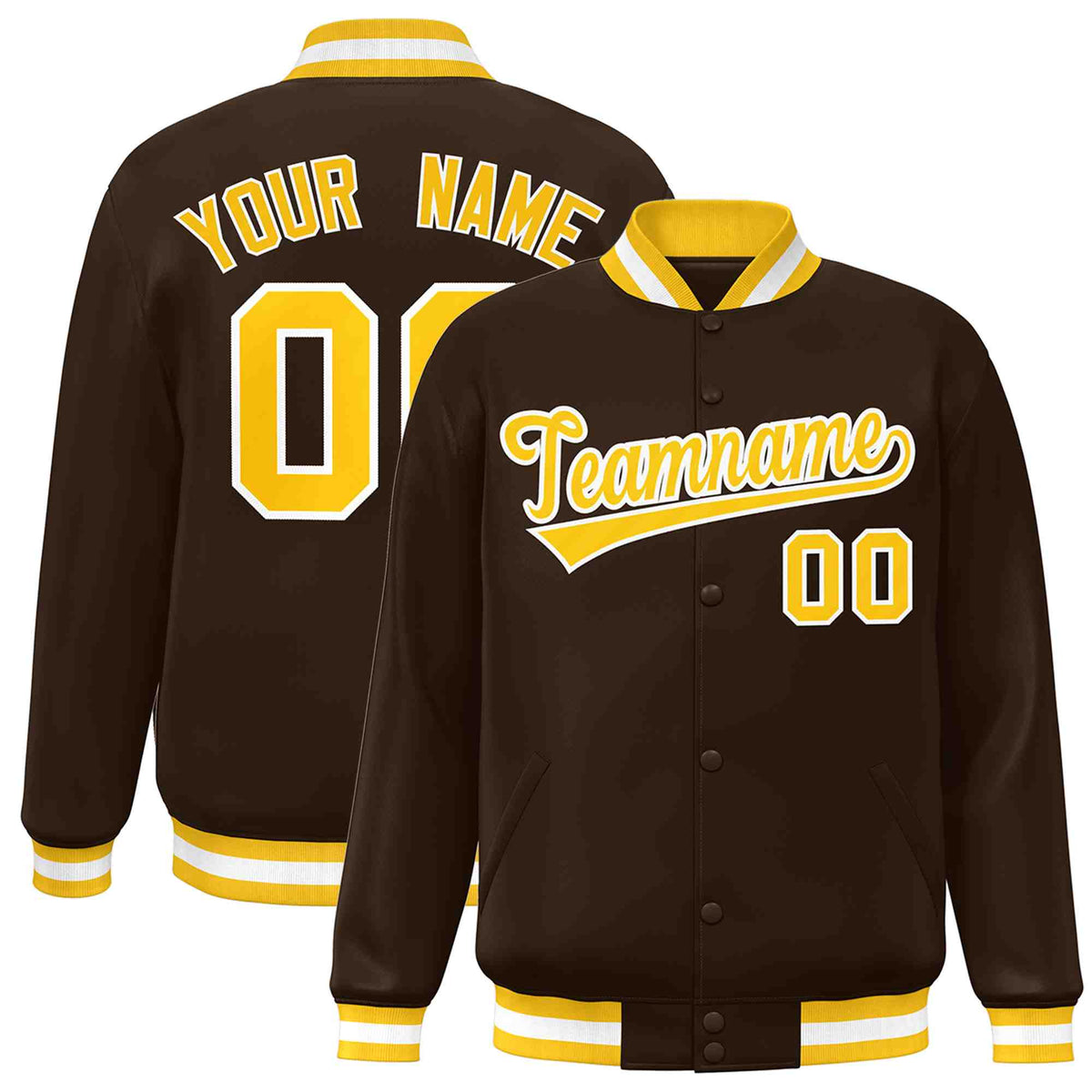 Custom Brown Gold-White Classic Style Varsity Full-Snap Letterman Jacket