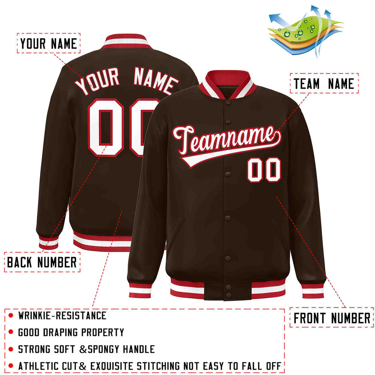 Custom Brown White-Red Classic Style Varsity Full-Snap Letterman Jacket