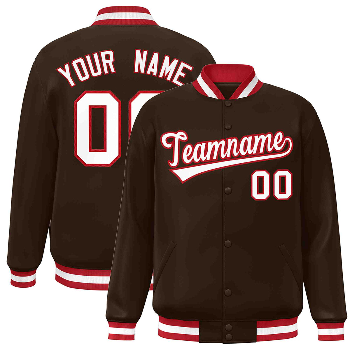 Custom Brown White-Red Classic Style Varsity Full-Snap Letterman Jacket