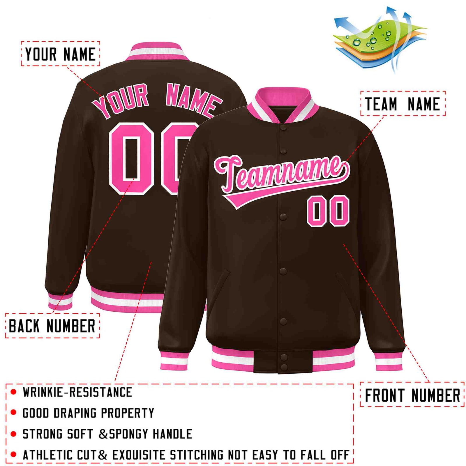 Custom Brown Pink-White Classic Style Varsity Full-Snap Letterman Jacket