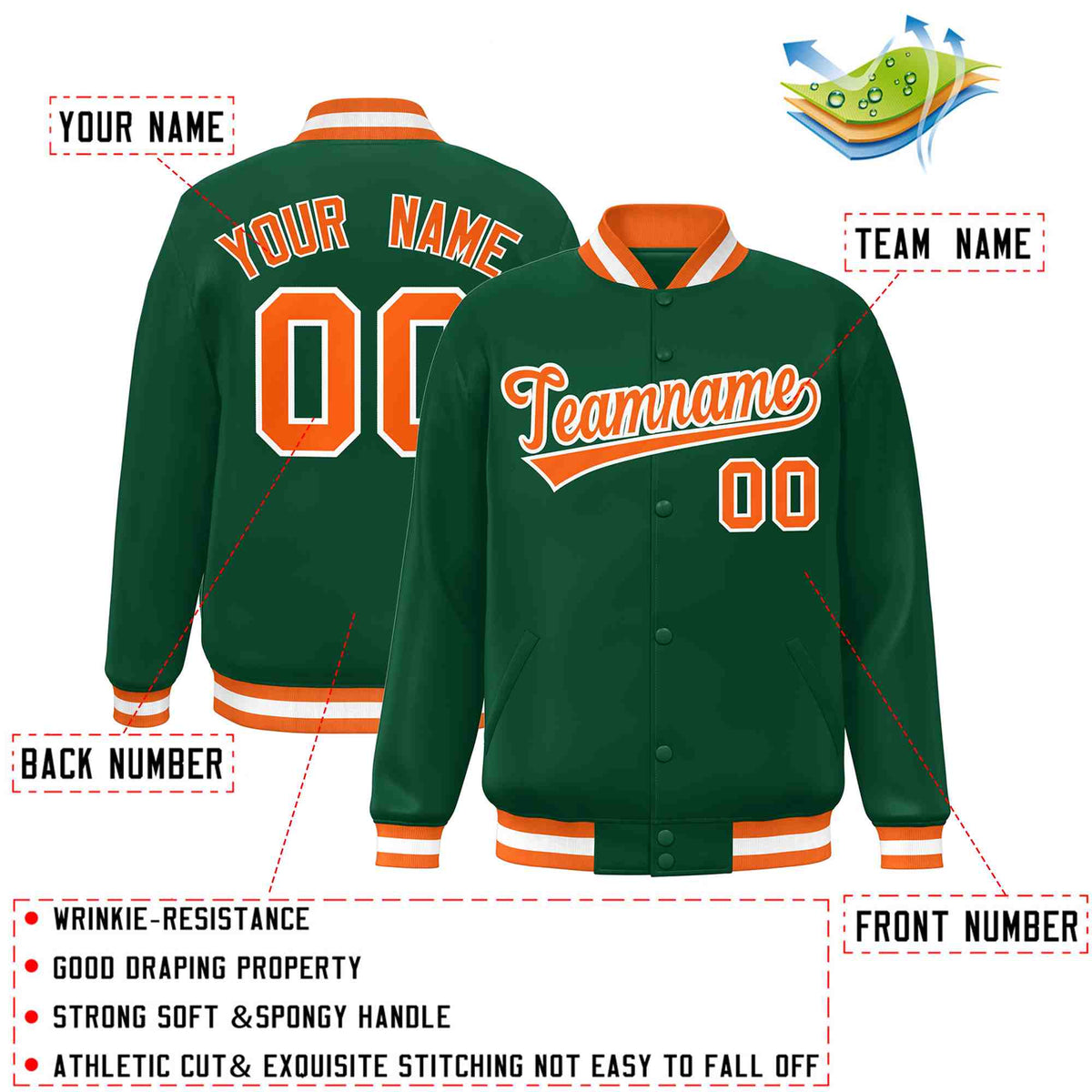 Custom Green Orange-White Classic Style Varsity Full-Snap Letterman Jacket
