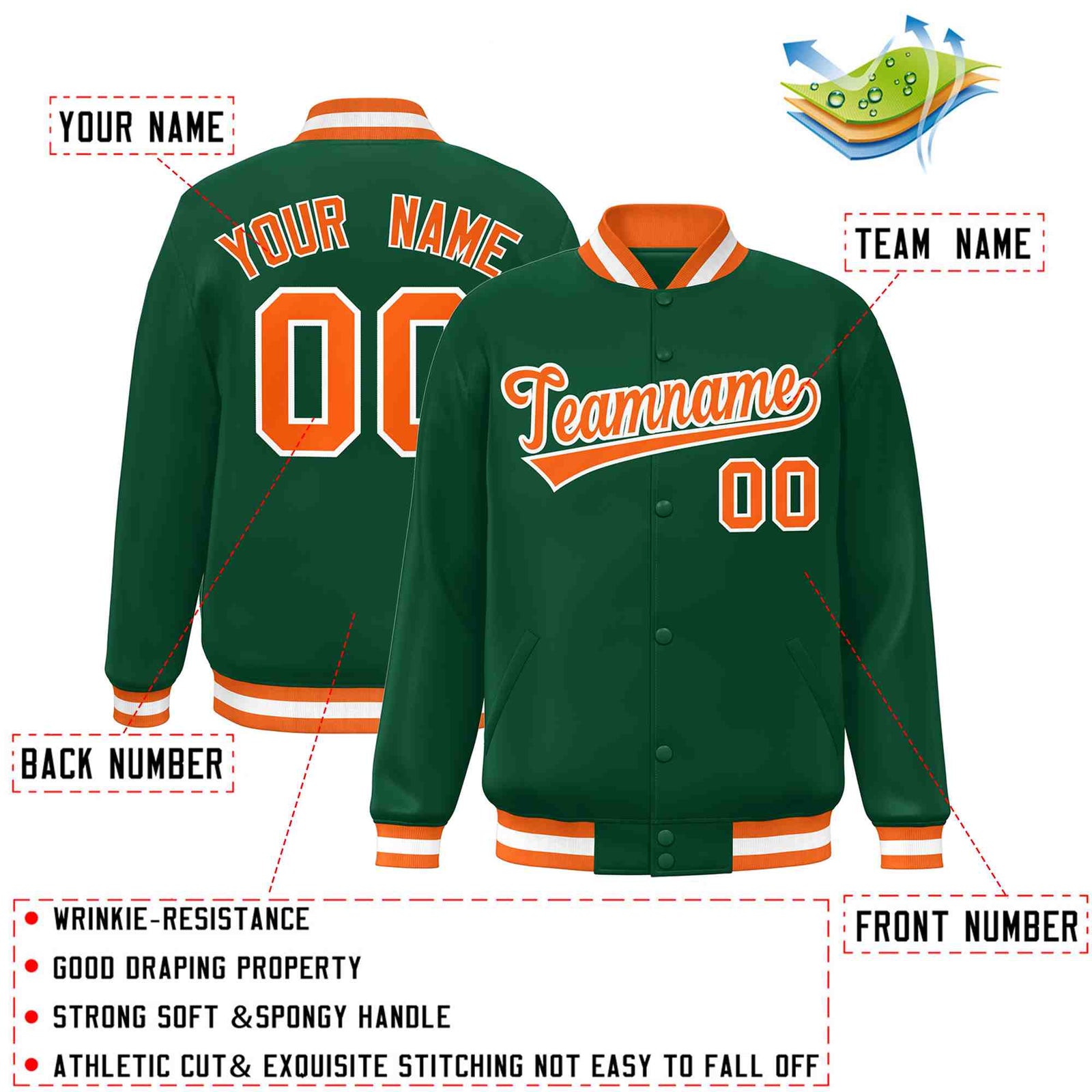 Custom Green Orange-White Classic Style Varsity Full-Snap Letterman Jacket