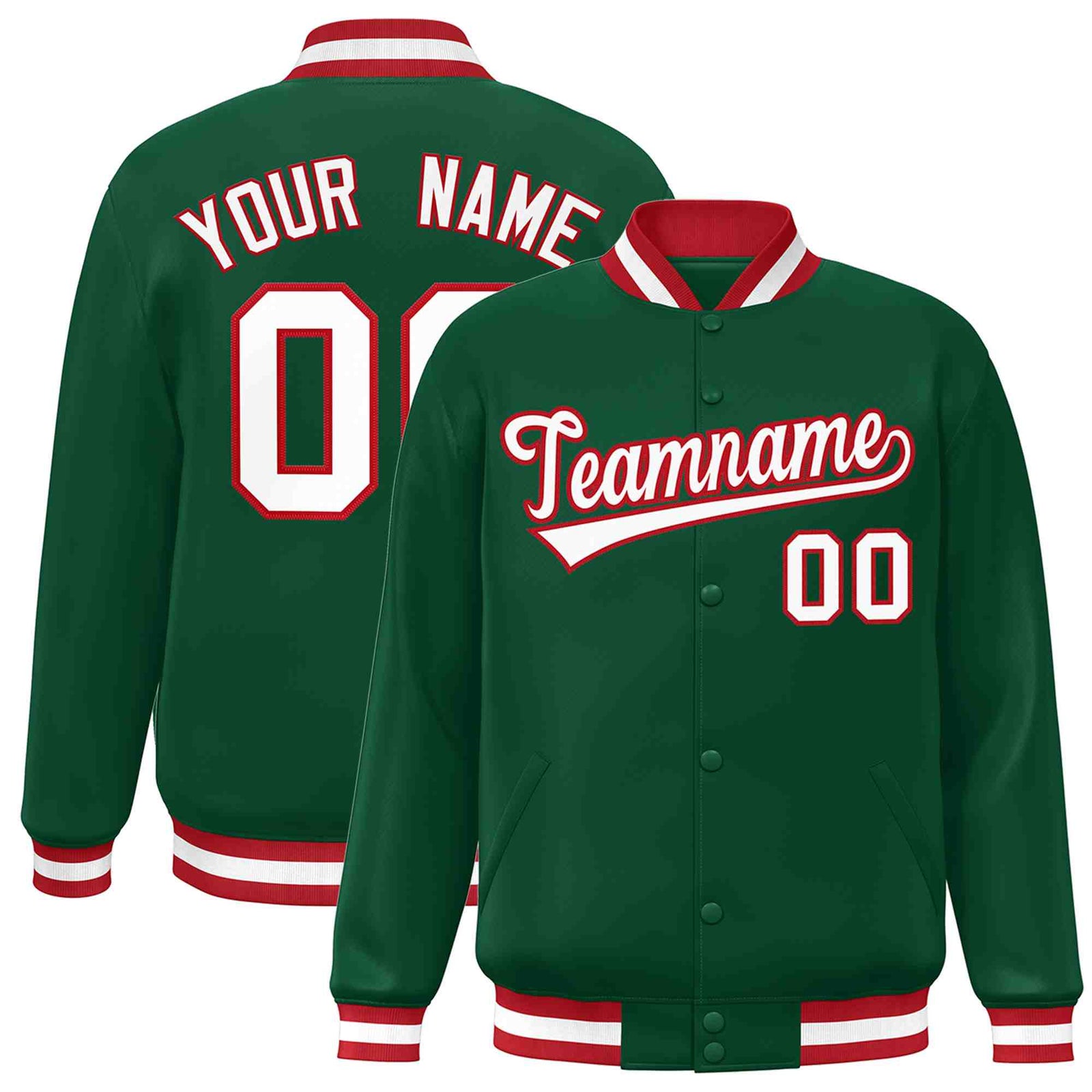Custom Green White-Red Classic Style Varsity Full-Snap Letterman Jacket
