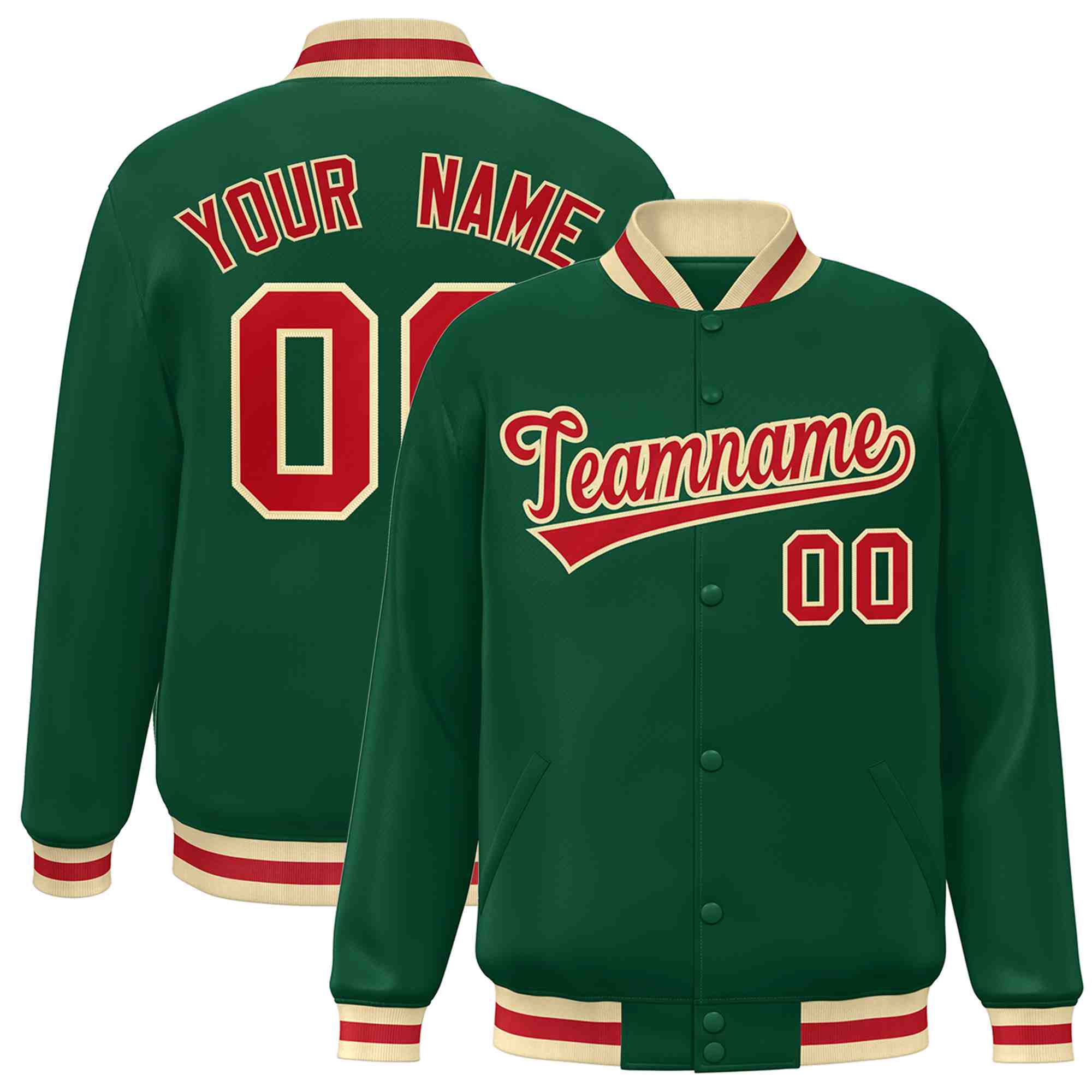 Custom Green Red-Khaki Classic Style Varsity Full-Snap Letterman Jacket