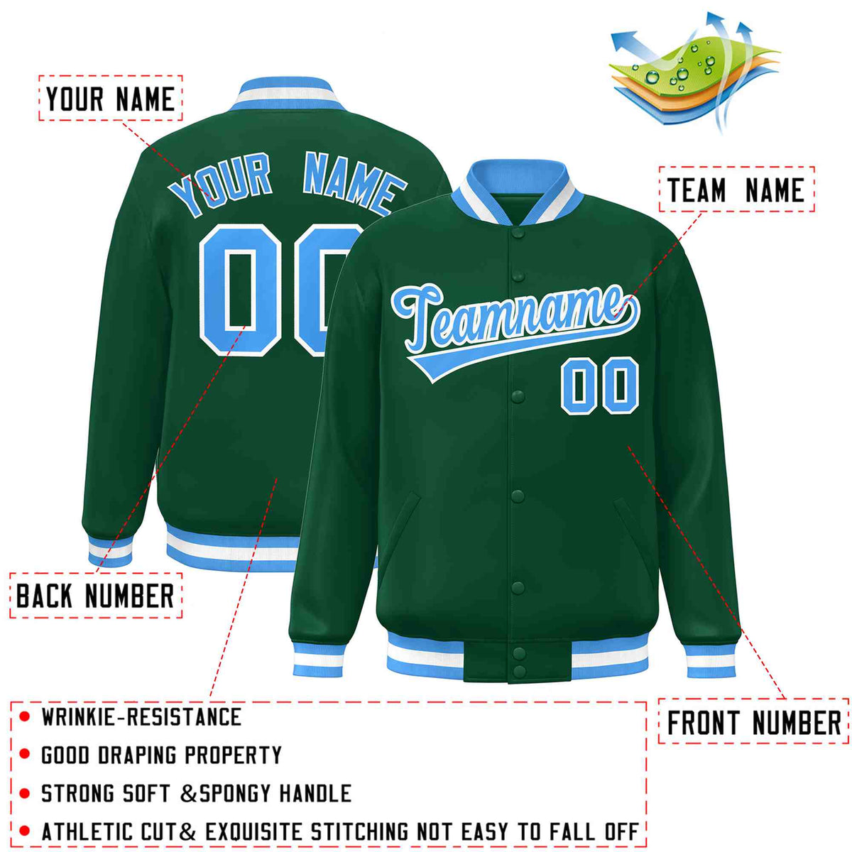 Custom Green Powder Blue-White Classic Style Varsity Full-Snap Letterman Jacket