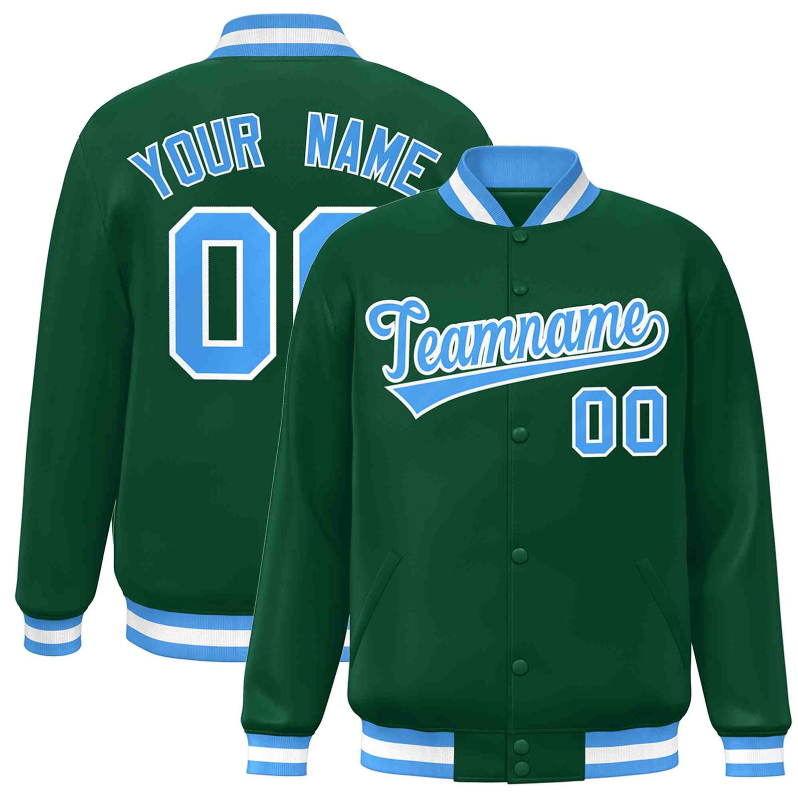 Custom Green Powder Blue-White Classic Style Varsity Full-Snap Letterman Jacket