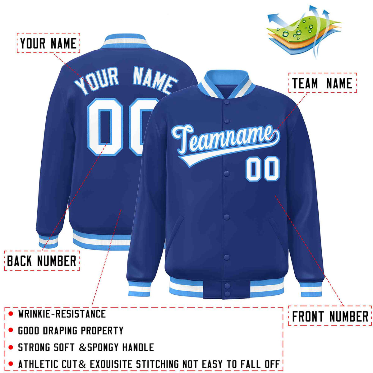 Custom Royal White-Powder Blue Classic Style Varsity Full-Snap Letterman Jacket