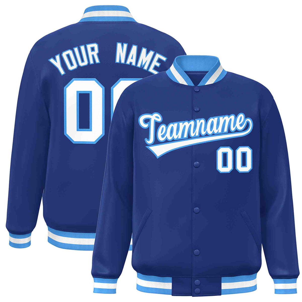 Custom Royal White-Powder Blue Classic Style Varsity Full-Snap Letterman Jacket