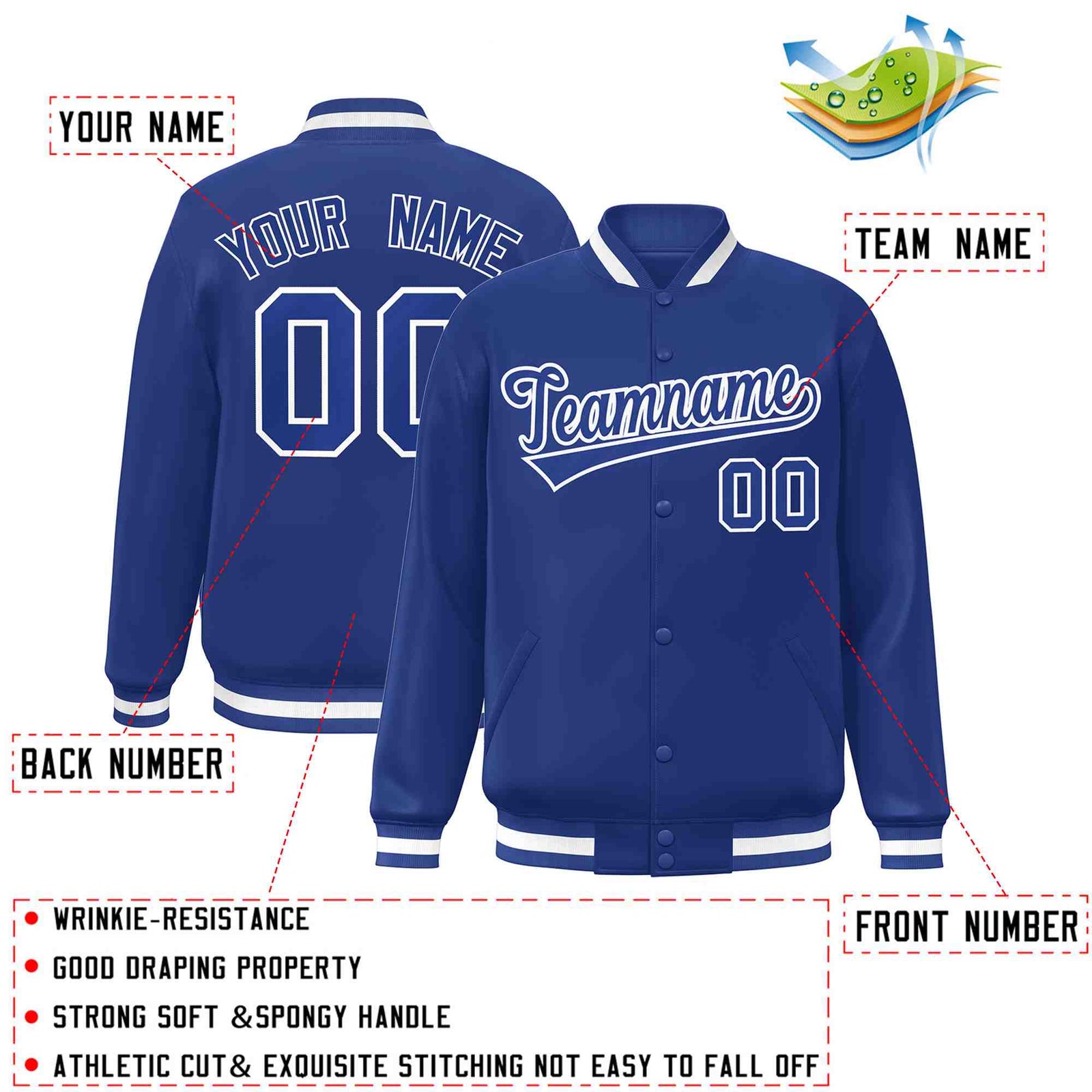 Custom Royal Royal-White Classic Style Varsity Full-Snap Letterman Jacket