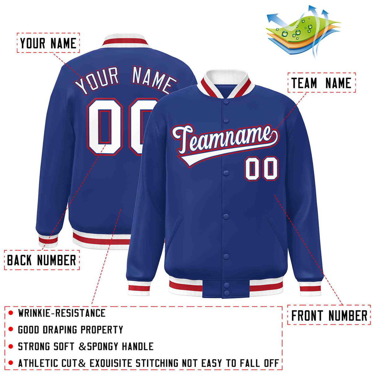 Custom Royal White-Royal Classic Style Varsity Full-Snap Letterman Jacket