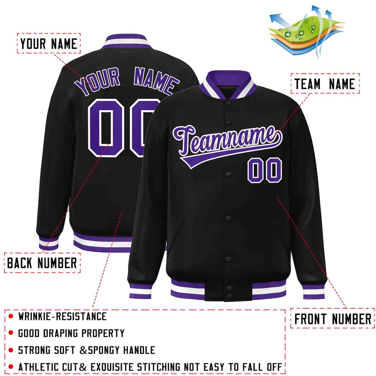 Custom Black Purple-White Classic Style Varsity Full-Snap Letterman Jacket