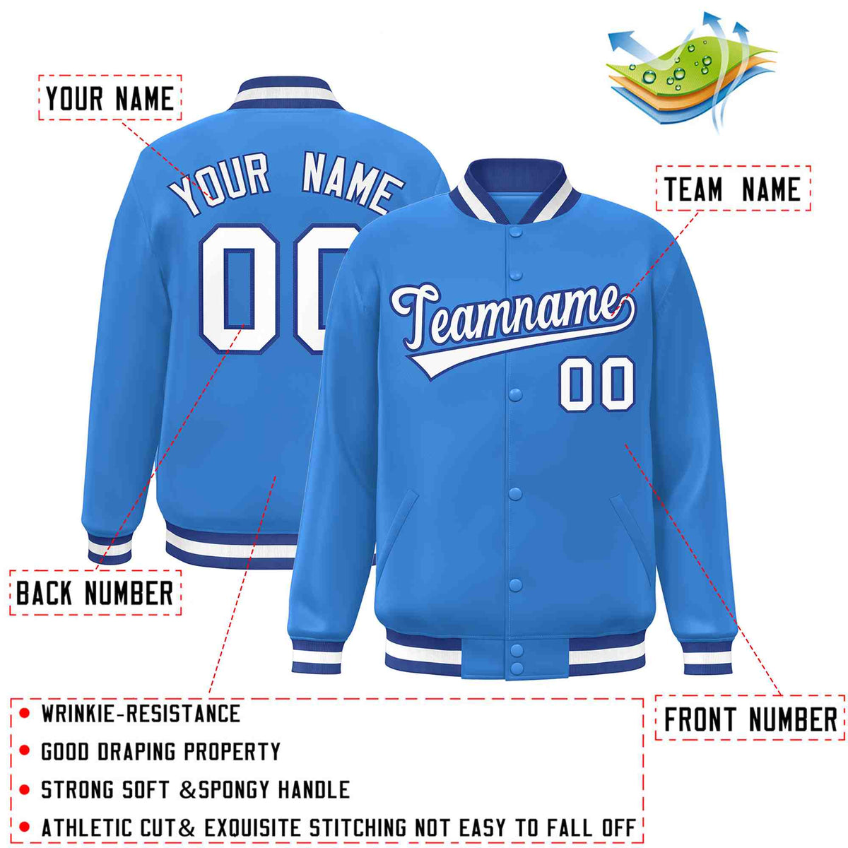 Custom Powder Blue White-Royal Classic Style Varsity Full-Snap Letterman Jacket