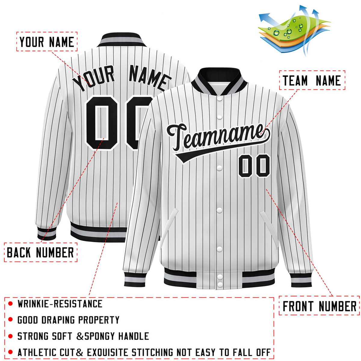Custom White Black-White Stripe Fashion Letterman Bomber Varsity Jacket
