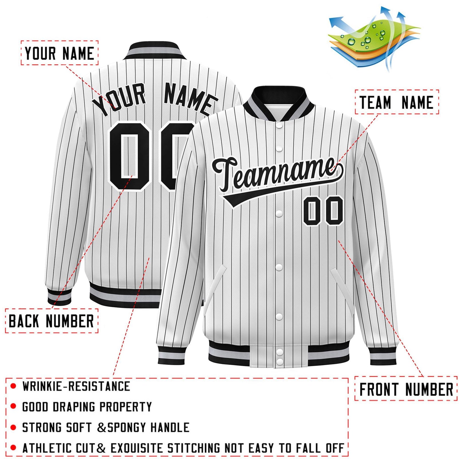 Custom White Black-White Stripe Fashion Letterman Bomber Varsity Jacket