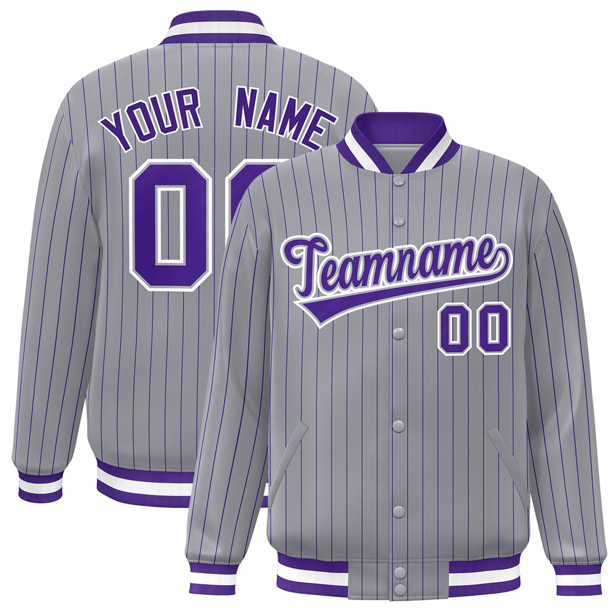 Custom Gray Purple-White Stripe Fashion Letterman Bomber Varsity Jacket