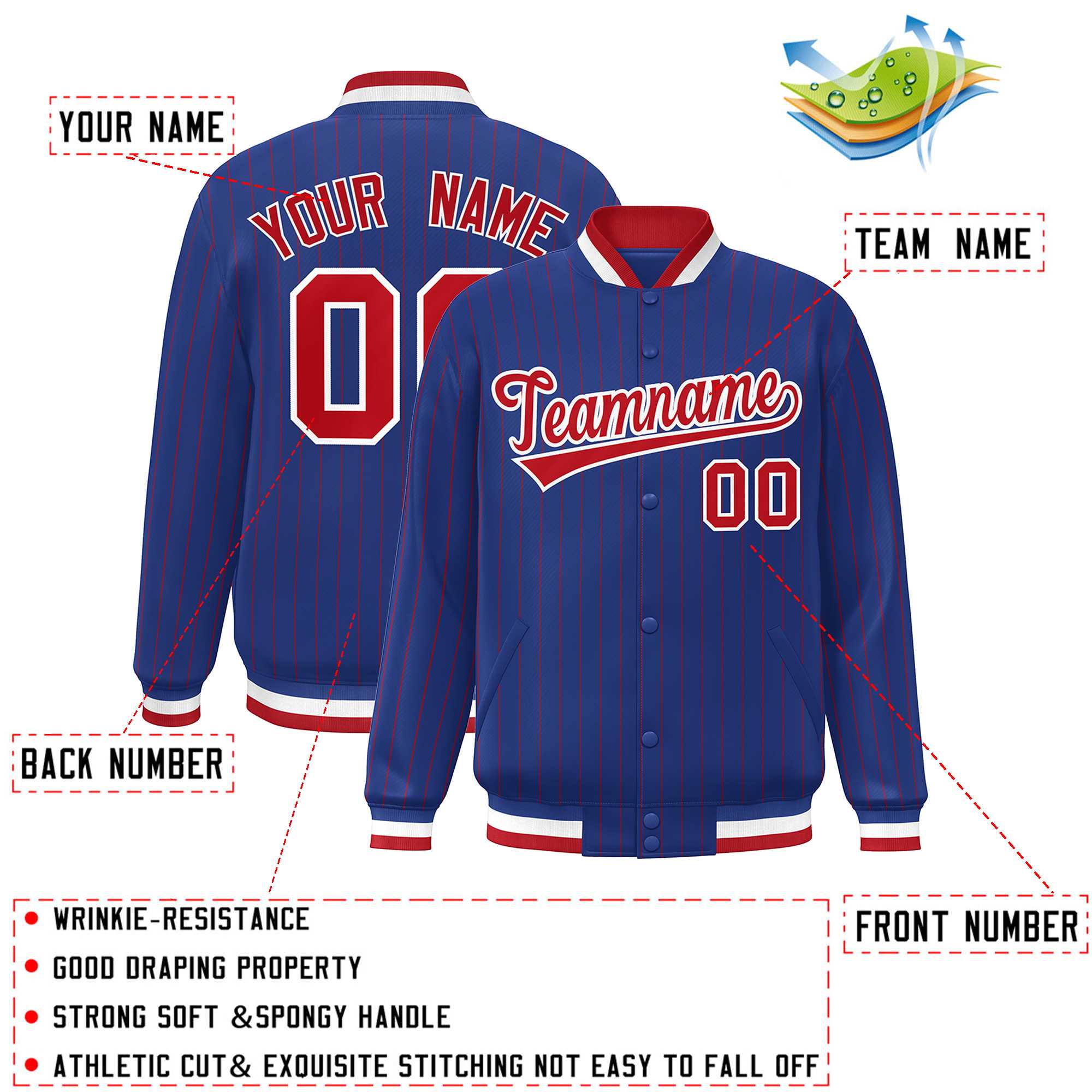 Custom Royal Red-White Stripe Fashion Letterman Bomber Varsity Jacket
