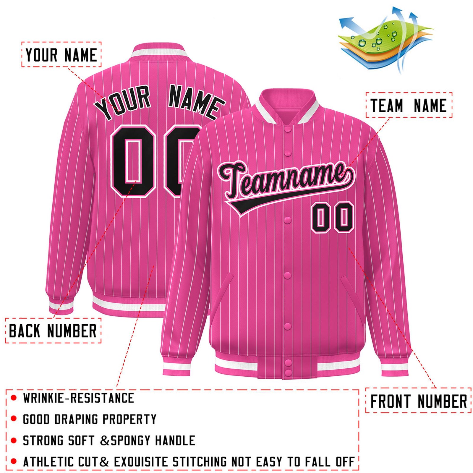 Custom Pink Black-White Stripe Fashion Letterman Bomber Varsity Jacket