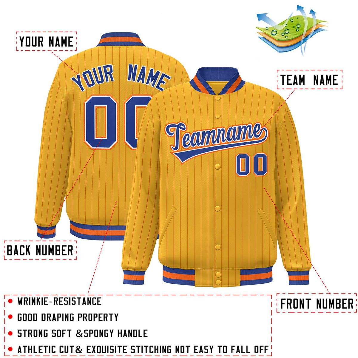 Custom Gold Royal-Orange Personalized Stripe Fashion Bomber Jacket for Teams