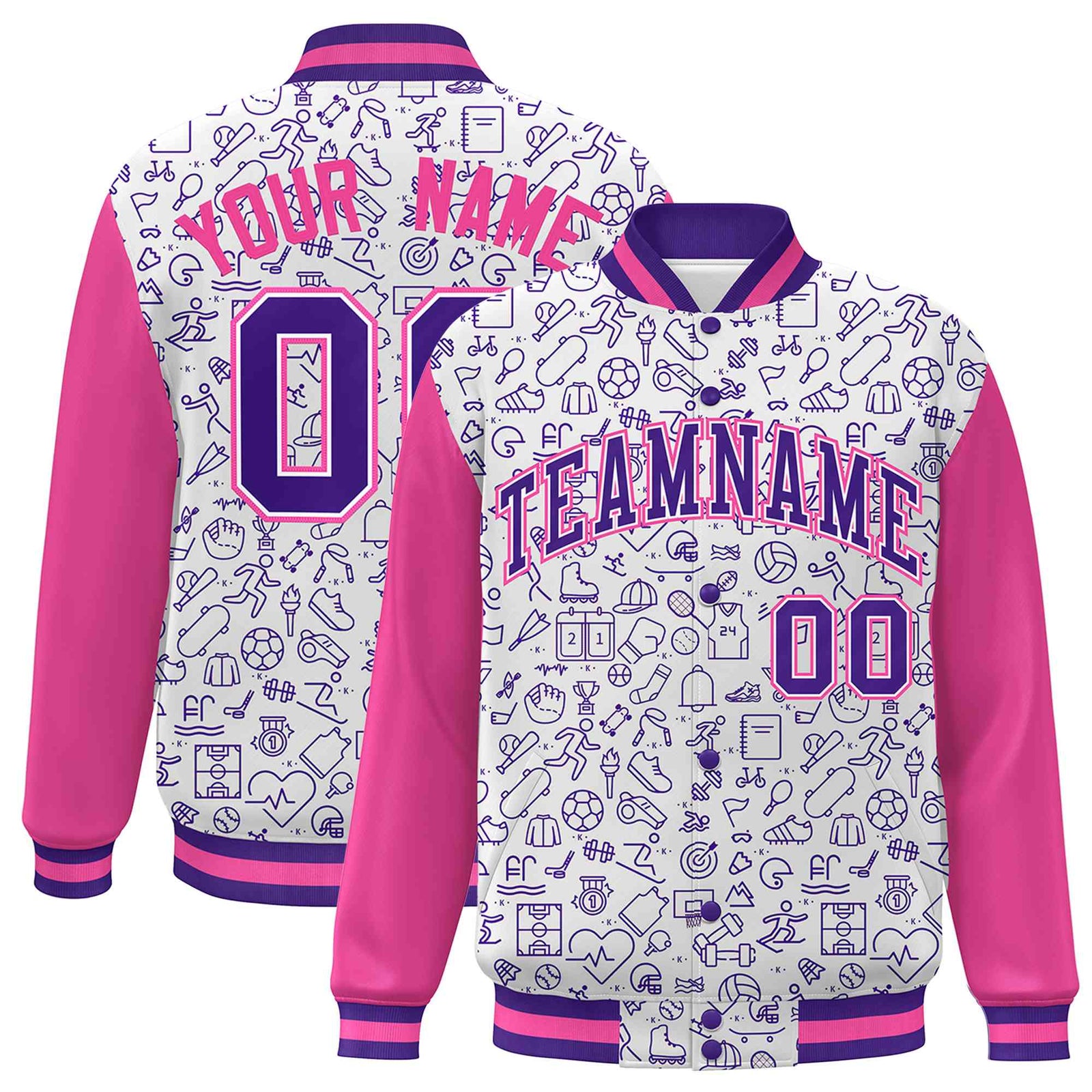 Custom White Pink-Purple Line Graffiti Pattern Varsity Raglan Sleeves Letterman Baseball Jacket