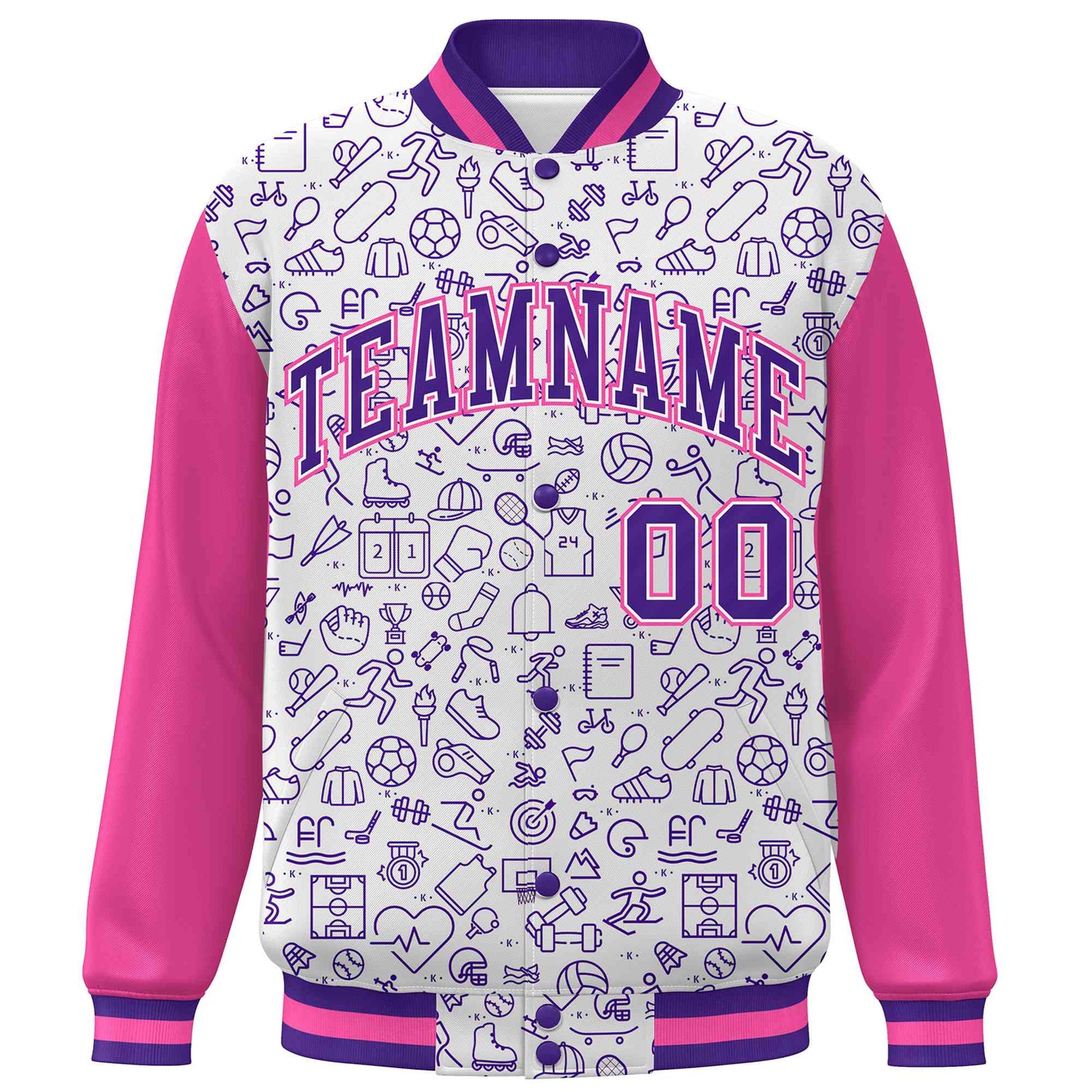 Custom White Pink-Purple Line Graffiti Pattern Varsity Raglan Sleeves Letterman Baseball Jacket