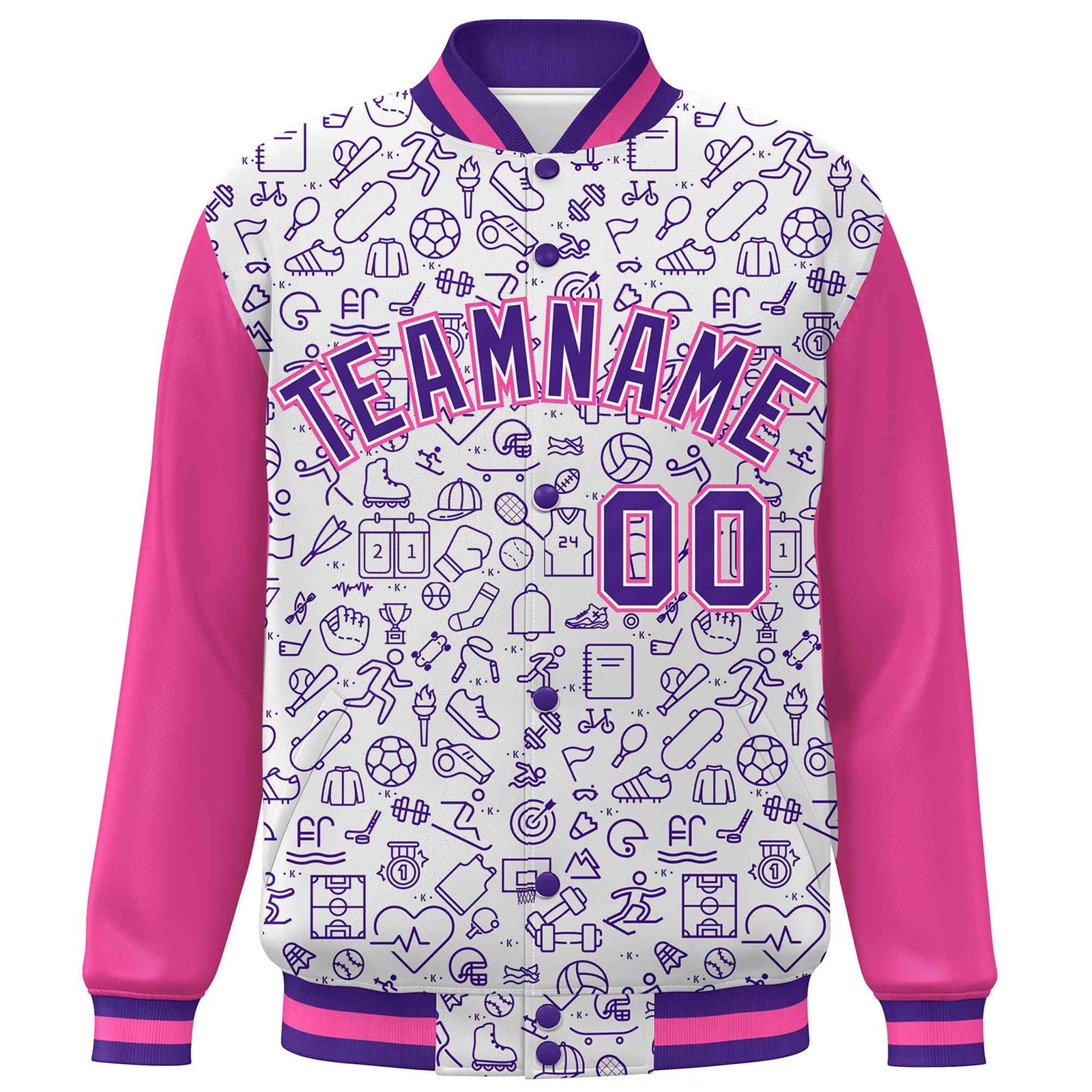 Custom White Pink-Purple Line Graffiti Pattern Varsity Raglan Sleeves Letterman Baseball Jacket