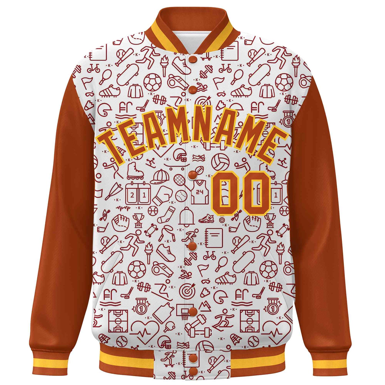 Custom White Texas Orange Line Graffiti Pattern Varsity Raglan Sleeves Letterman Baseball Jacket