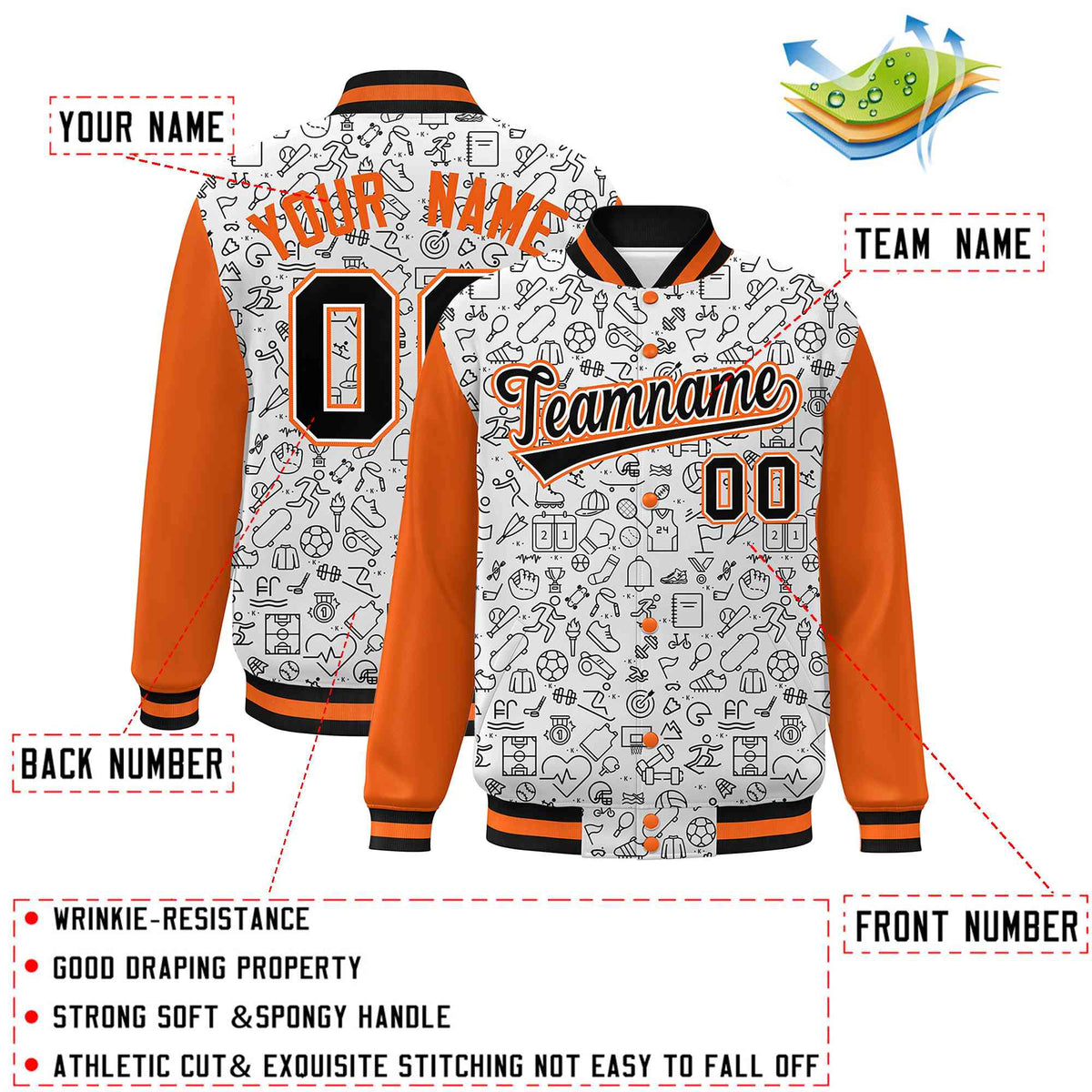 Custom White Orange-Black Line Graffiti Pattern Varsity Raglan Sleeves Letterman Baseball Jacket