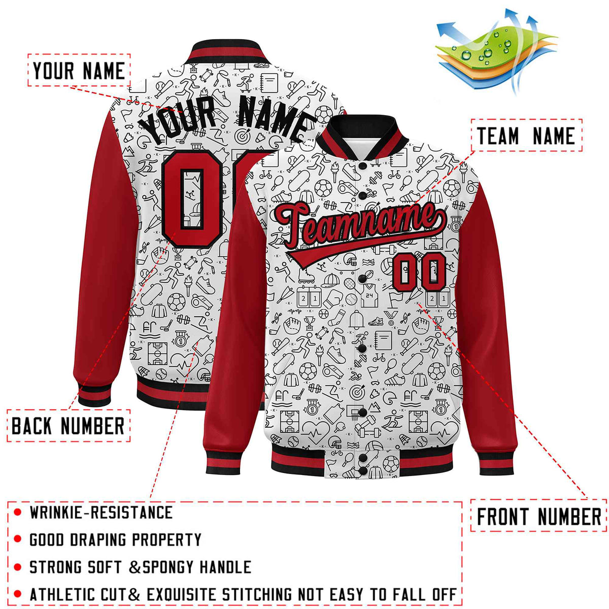 Custom White Red-Black Line Graffiti Pattern Varsity Raglan Sleeves Letterman Baseball Jacket
