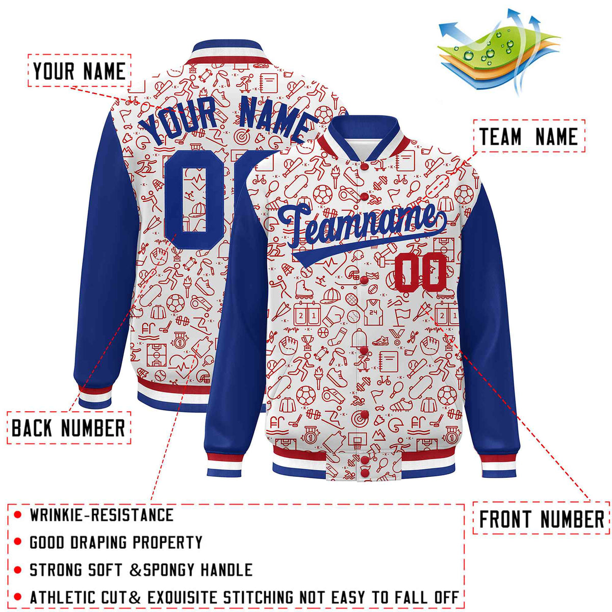 Custom White Royal-Red Line Graffiti Pattern Varsity Raglan Sleeves Letterman Baseball Jacket