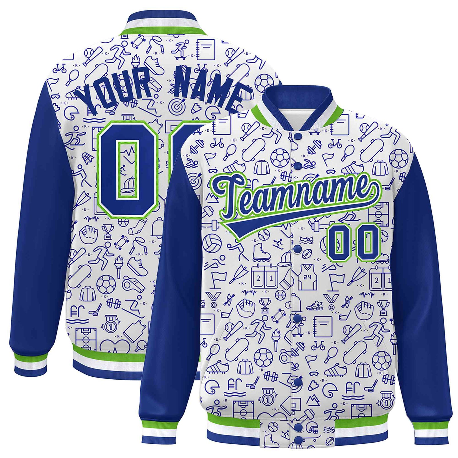 Custom White Royal Line Graffiti Pattern Varsity Raglan Sleeves Letterman Baseball Jacket